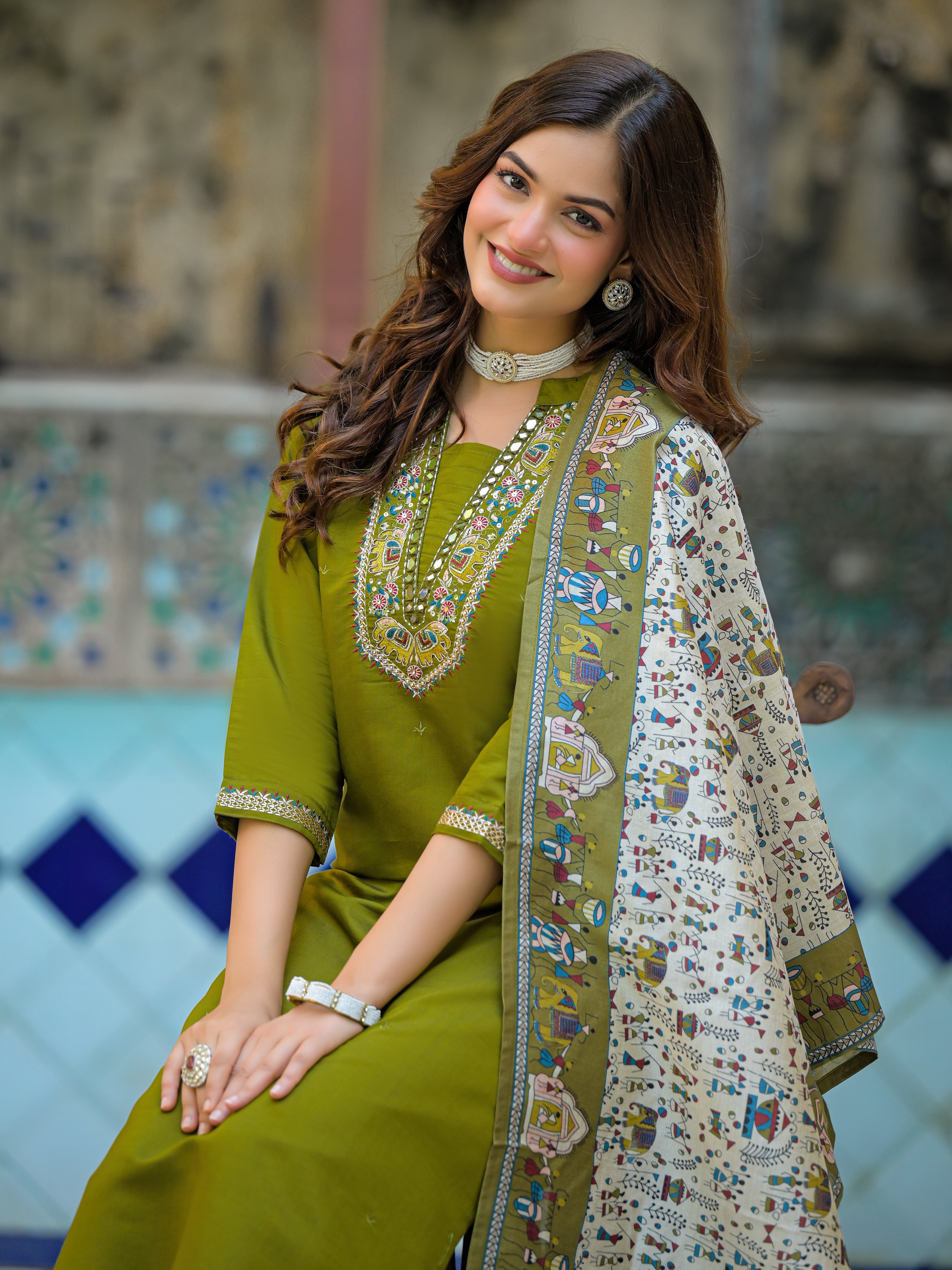Olive Green Straight Kurta Set with Embroidered Neckline & Printed Dupatta