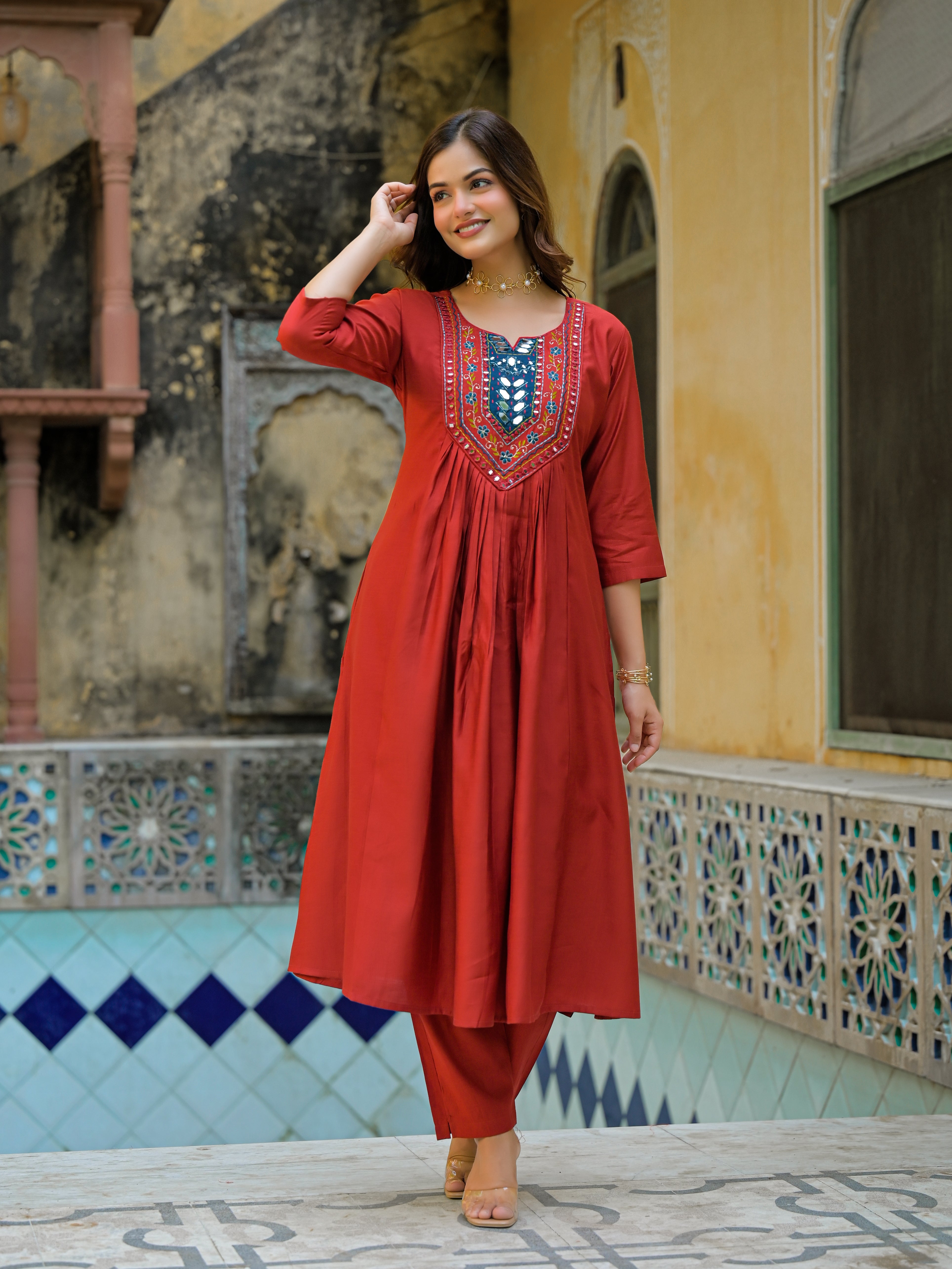 Brick Red Straight Kurta Set with Multicolor Embroidered Yoke
