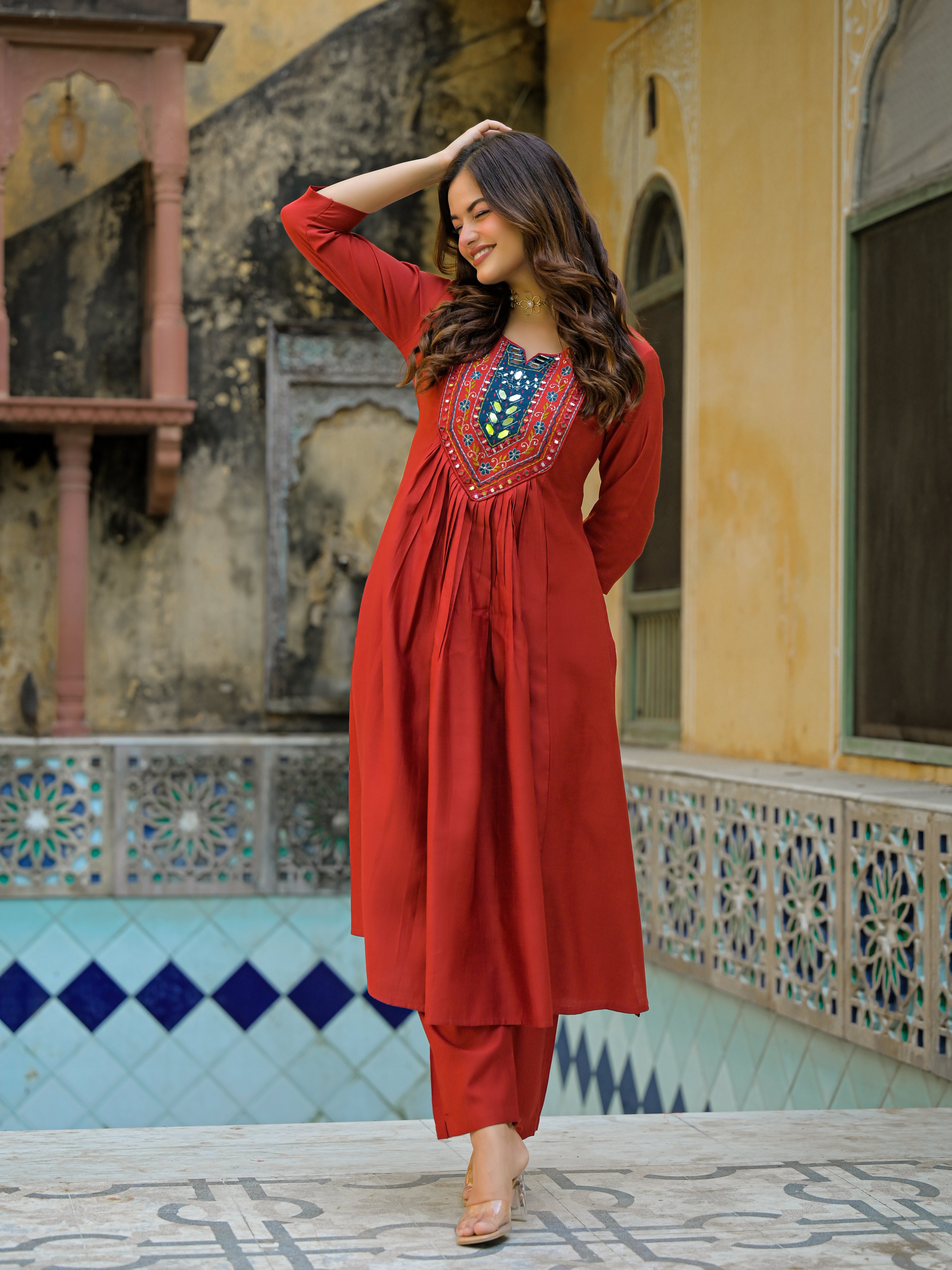 Brick Red Straight Kurta Set with Multicolor Embroidered Yoke