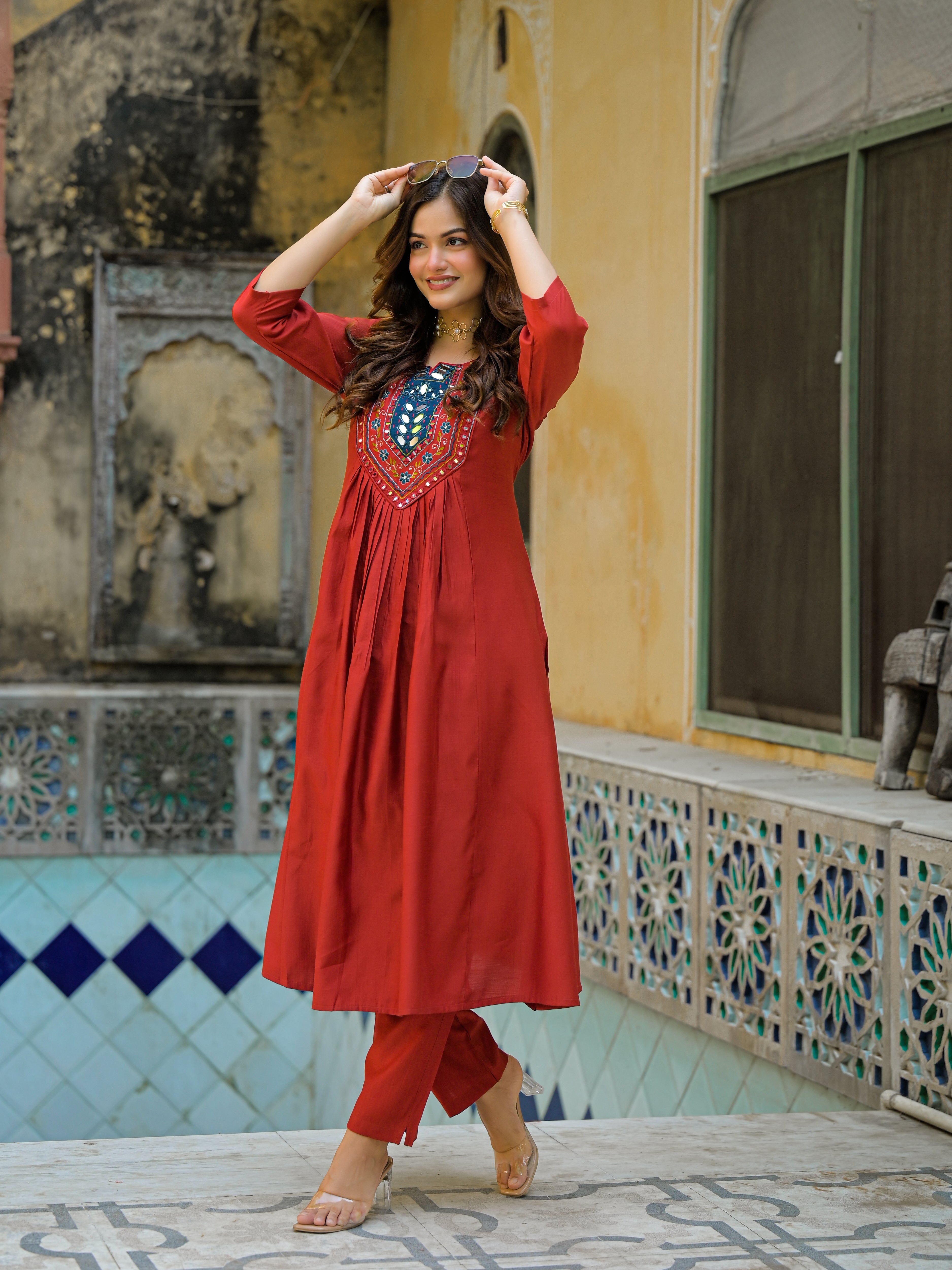 Brick Red Straight Kurta Set with Multicolor Embroidered Yoke