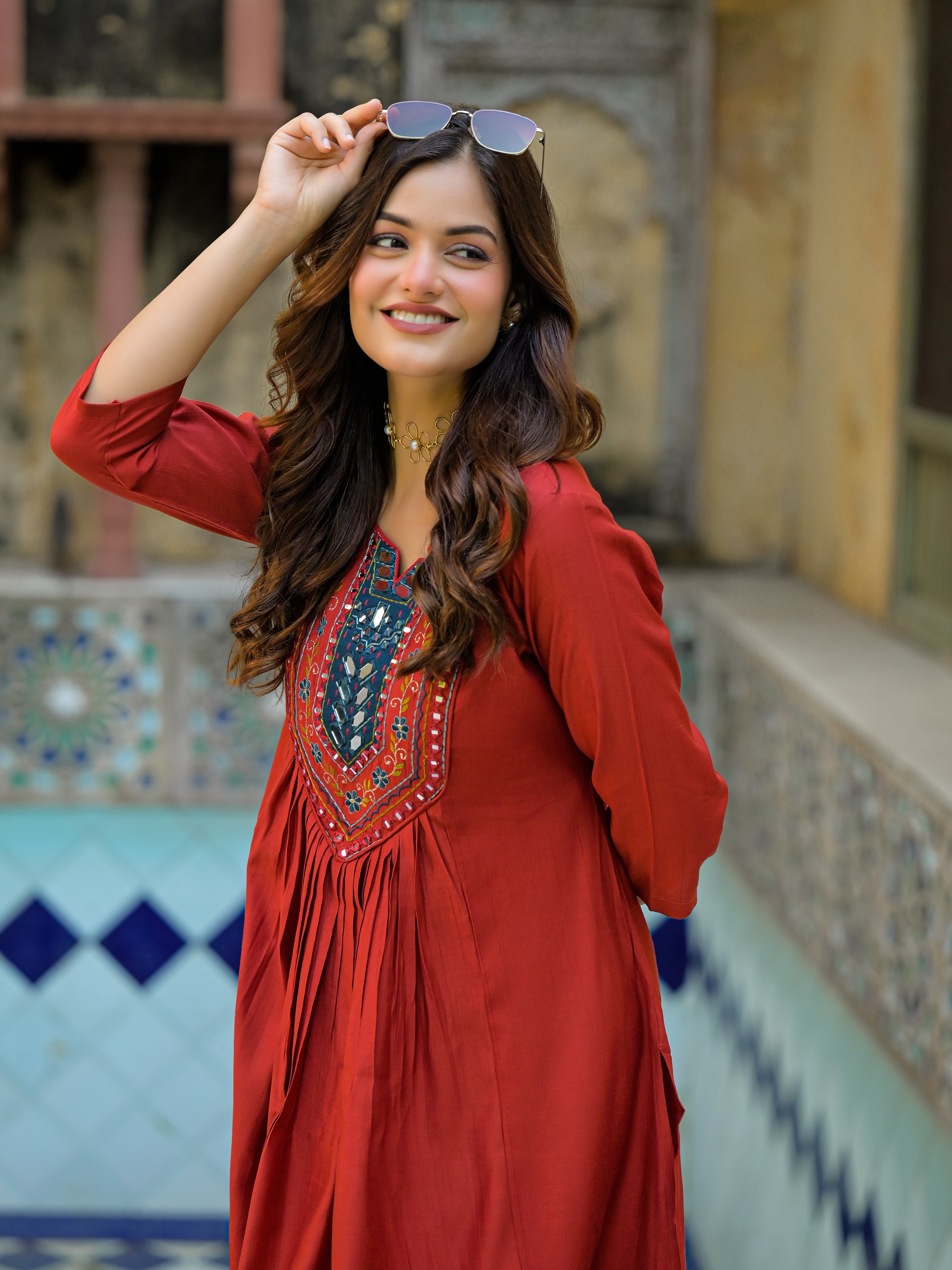 Brick Red Straight Kurta Set with Multicolor Embroidered Yoke