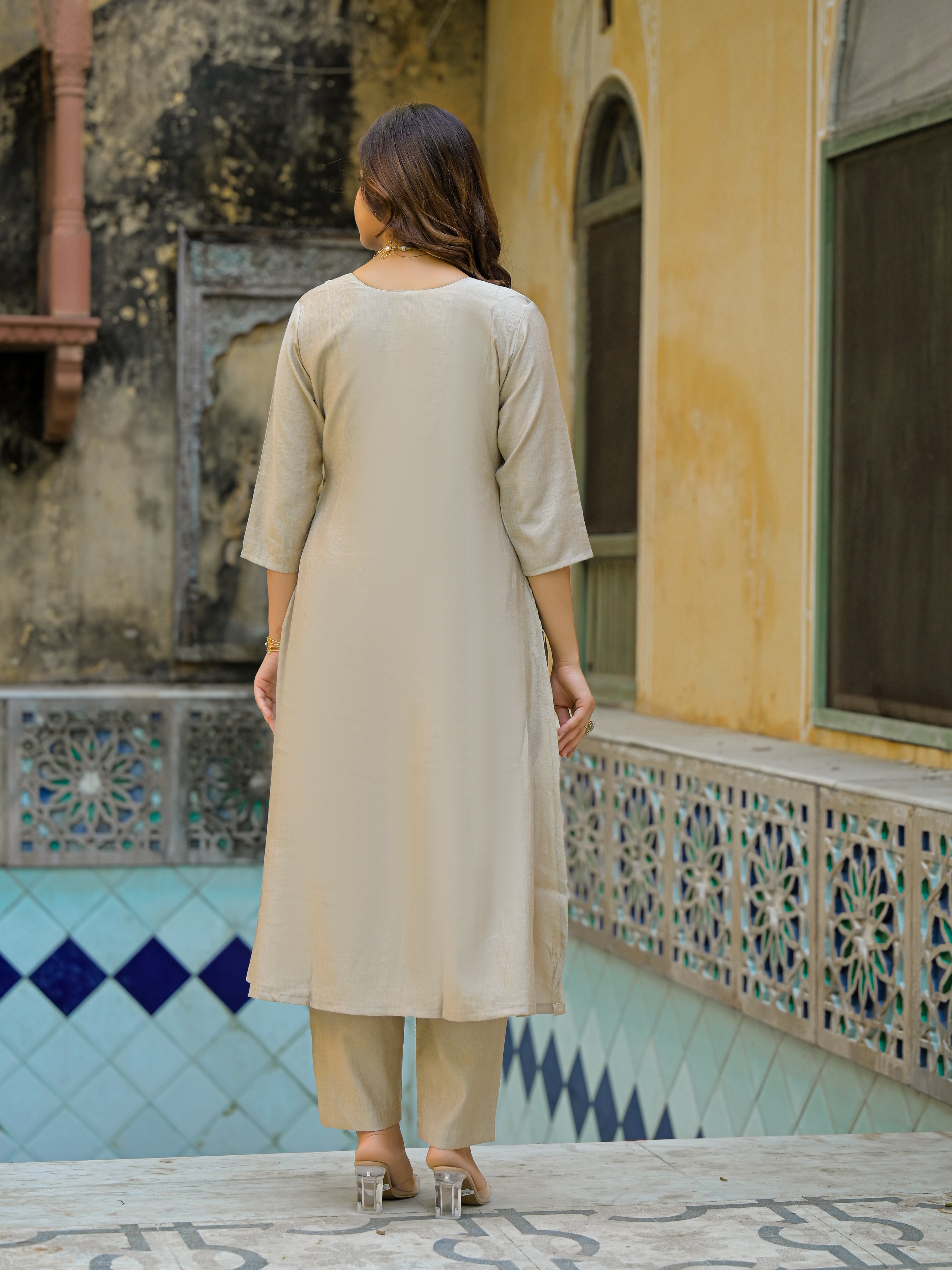 Beige Straight Kurta Set with Maroon Embroidered Yoke
