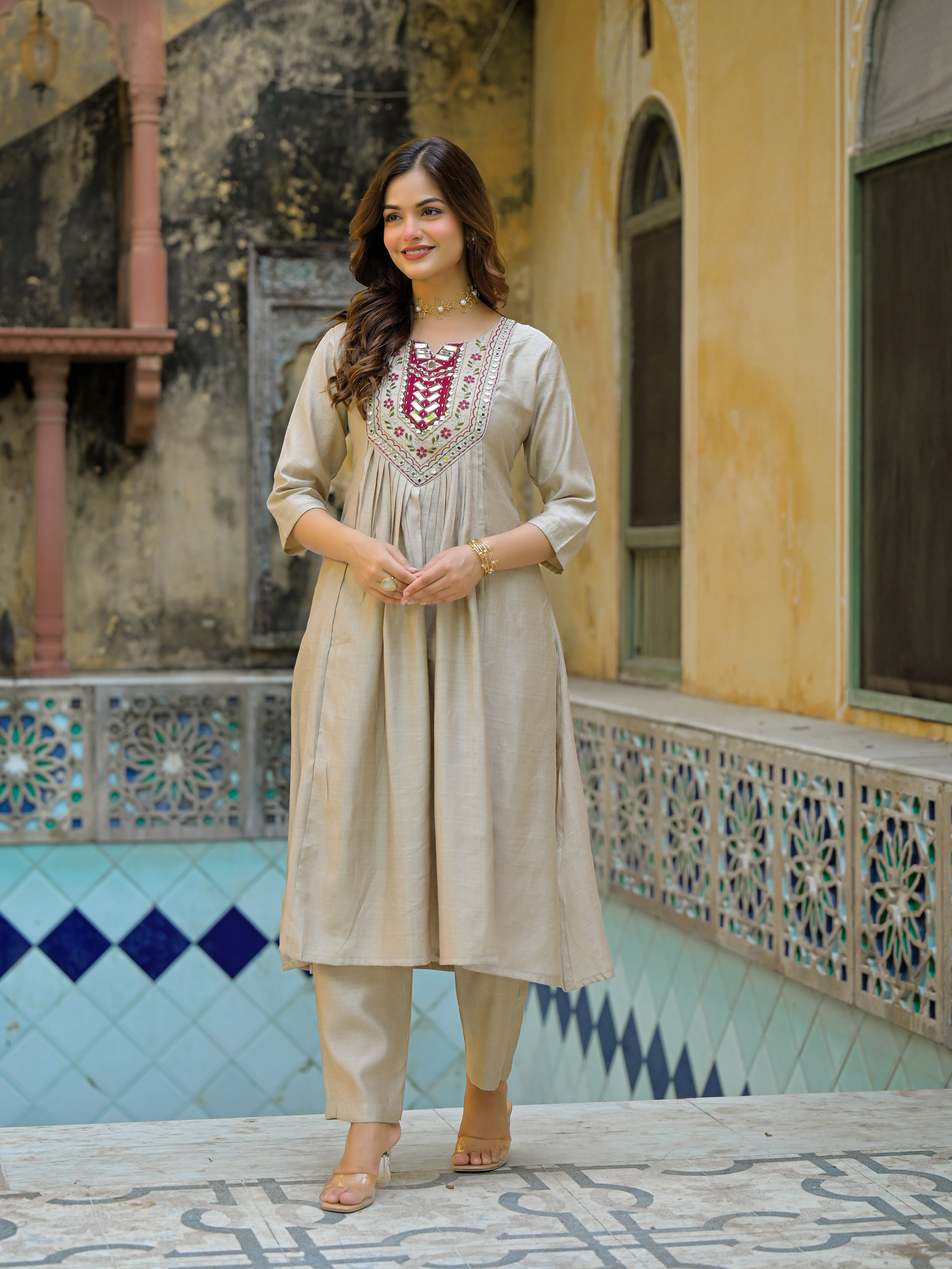Beige Straight Kurta Set with Maroon Embroidered Yoke