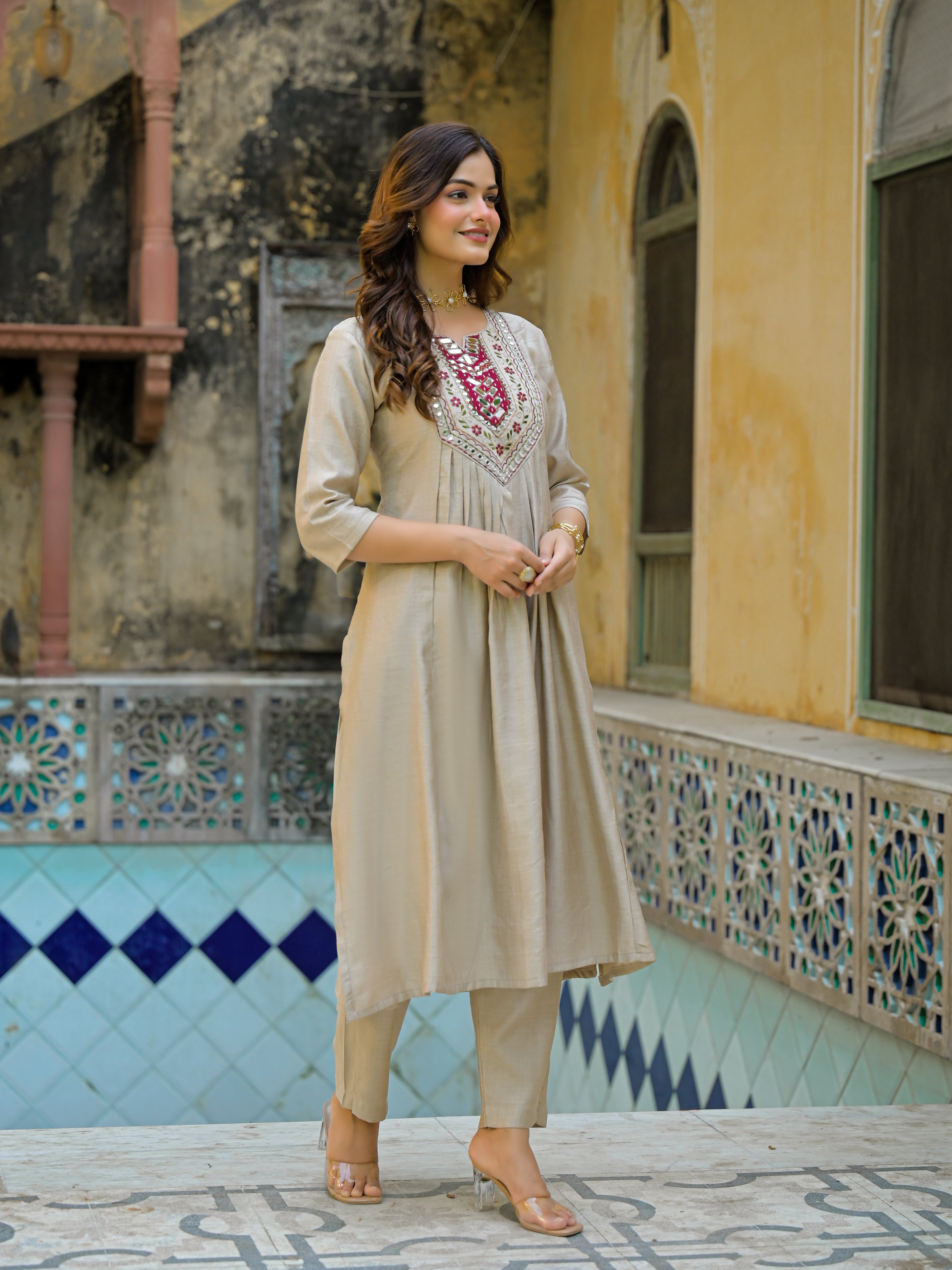 Beige Straight Kurta Set with Maroon Embroidered Yoke