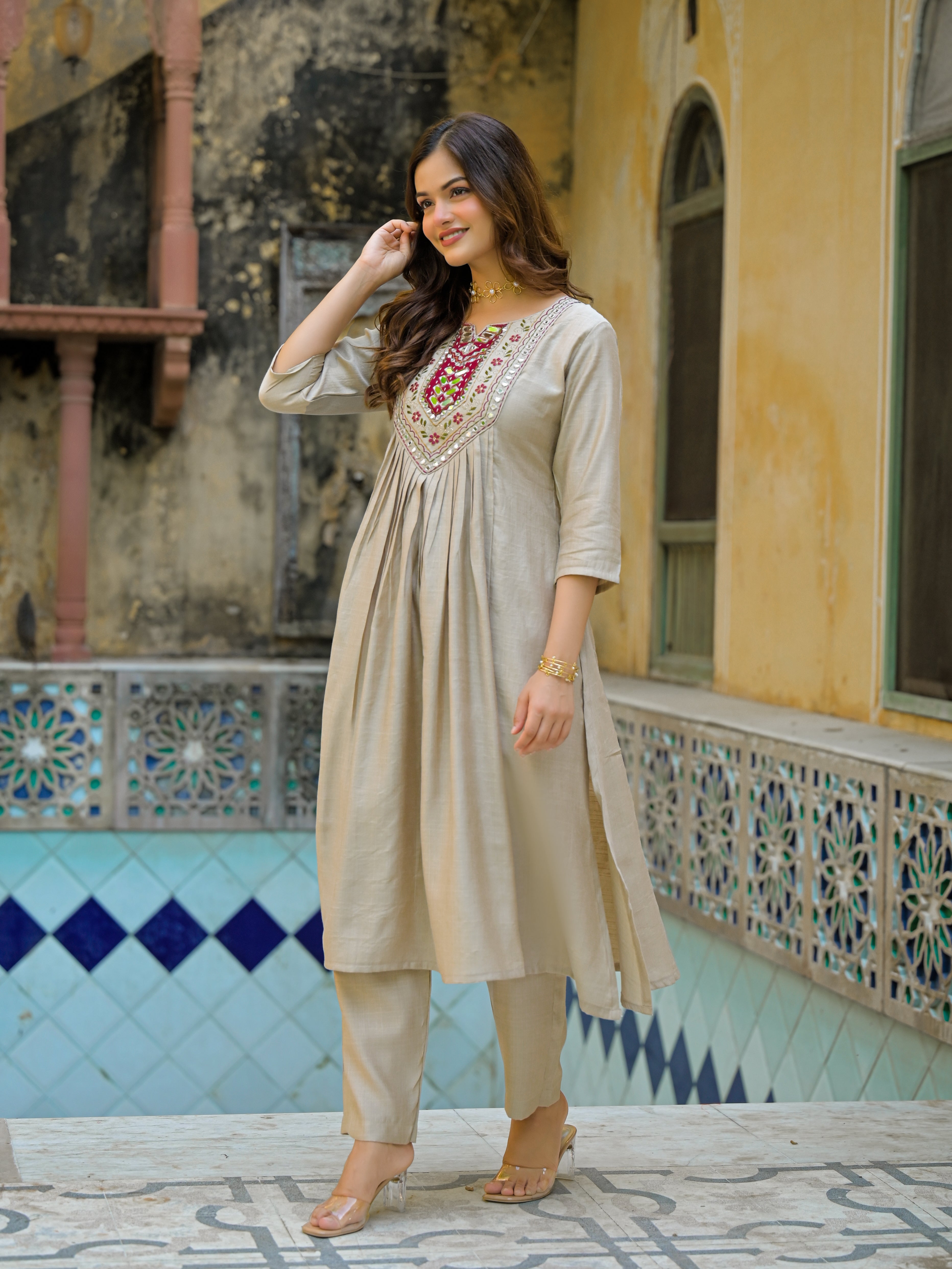 Beige Straight Kurta Set with Maroon Embroidered Yoke