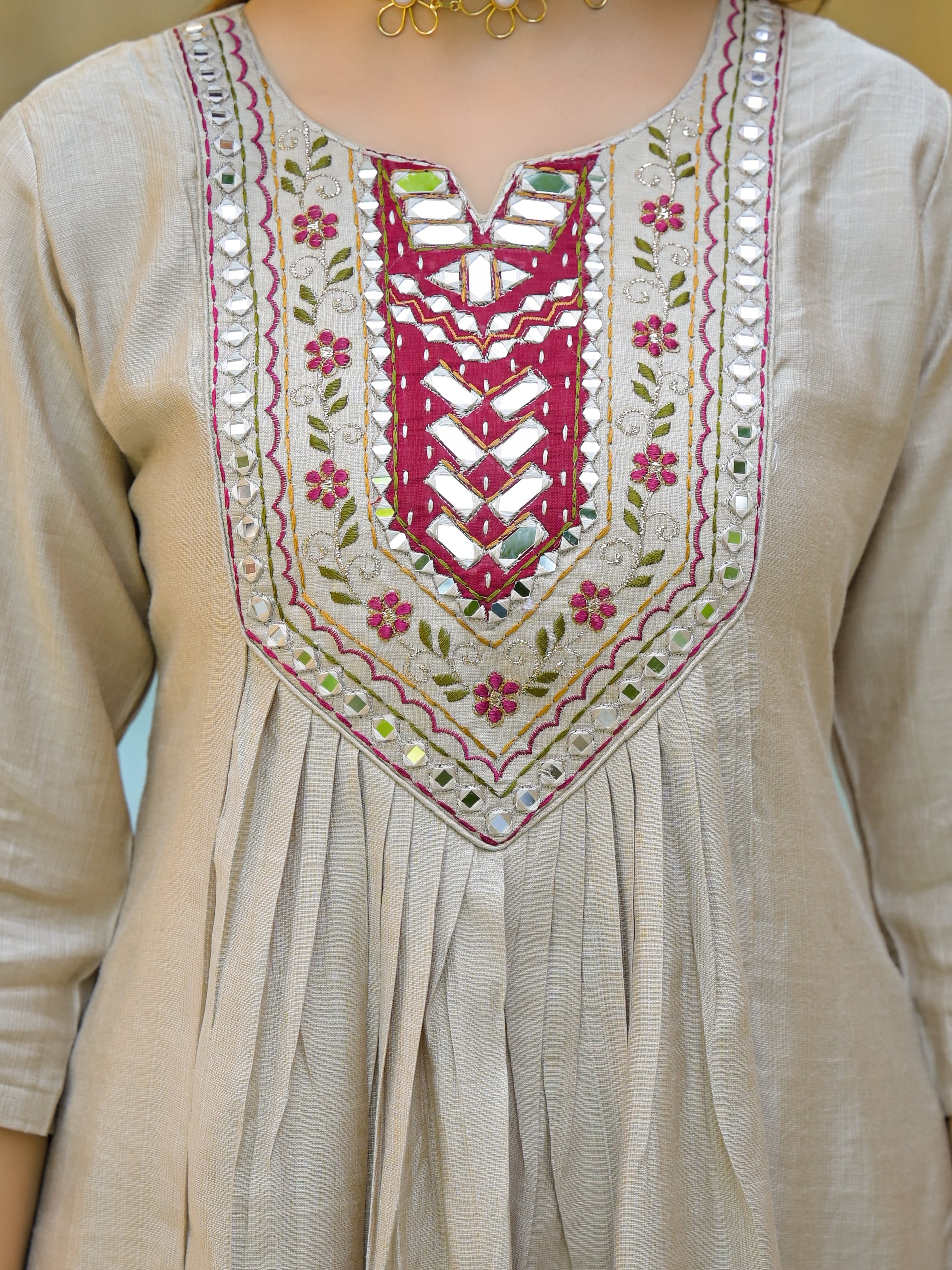 Beige Straight Kurta Set with Maroon Embroidered Yoke