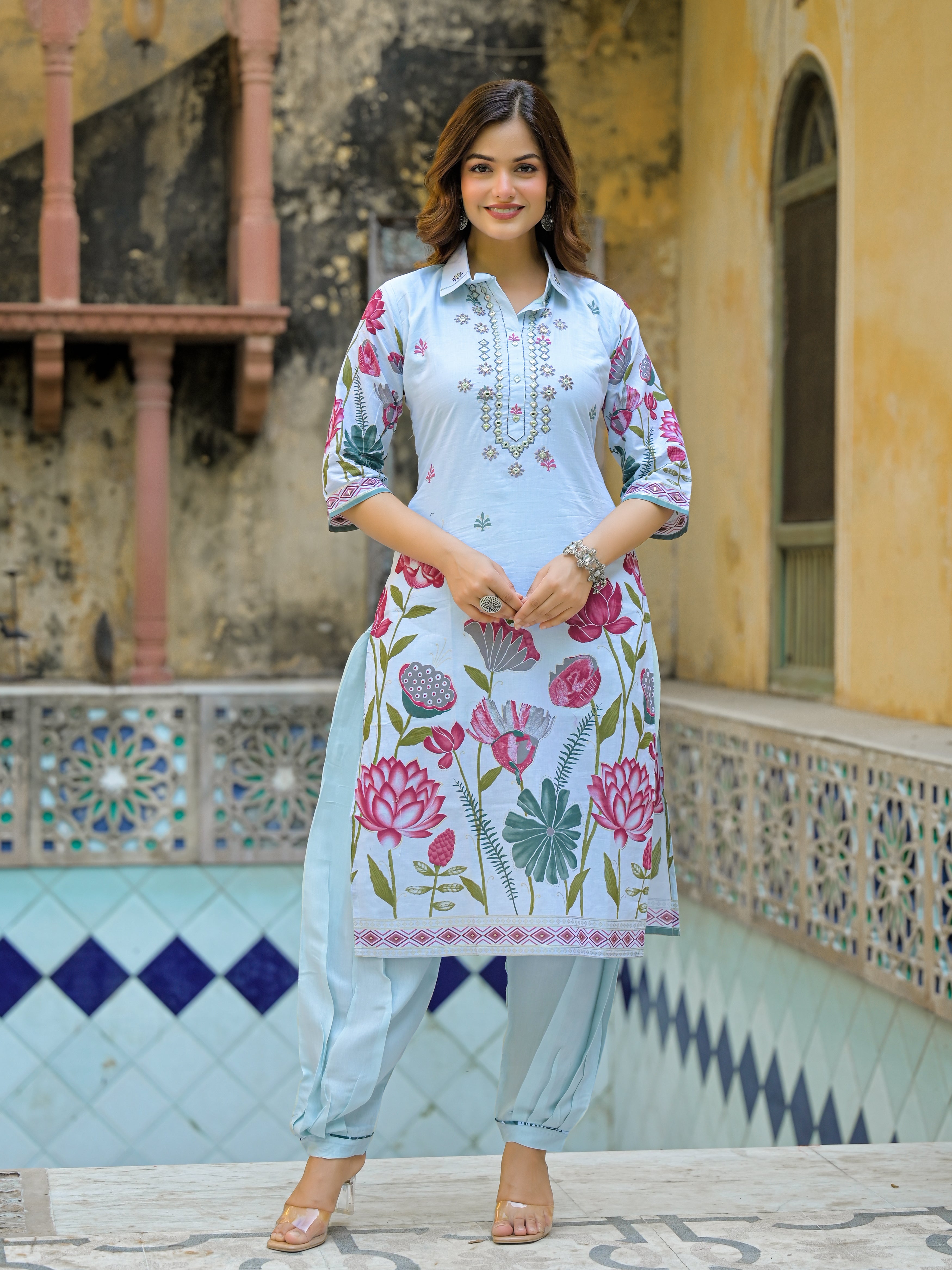 Sky Blue Floral Printed Straight Kurta Set with Dupatta