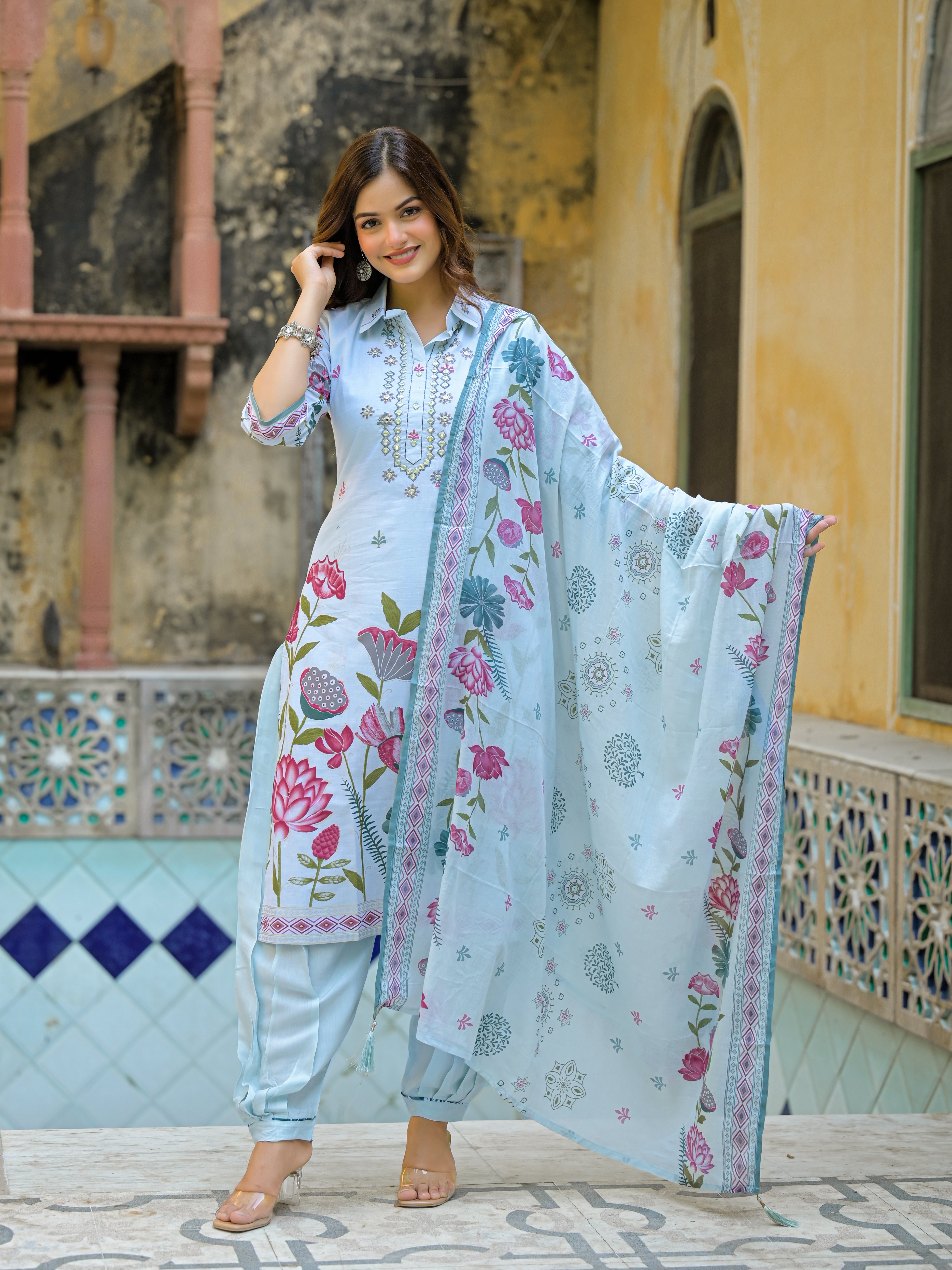 Sky Blue Floral Printed Straight Kurta Set with Dupatta