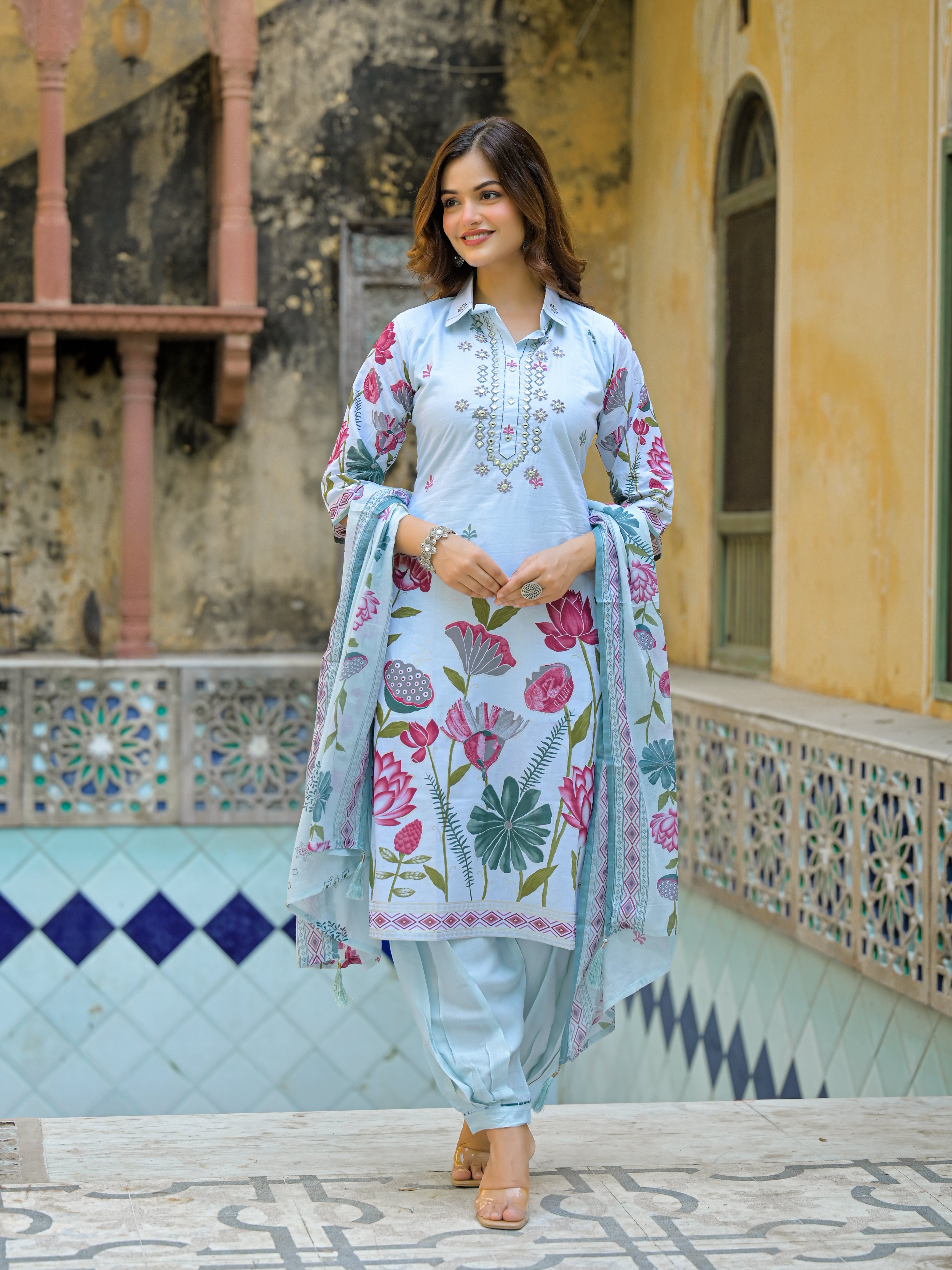 Sky Blue Floral Printed Straight Kurta Set with Dupatta