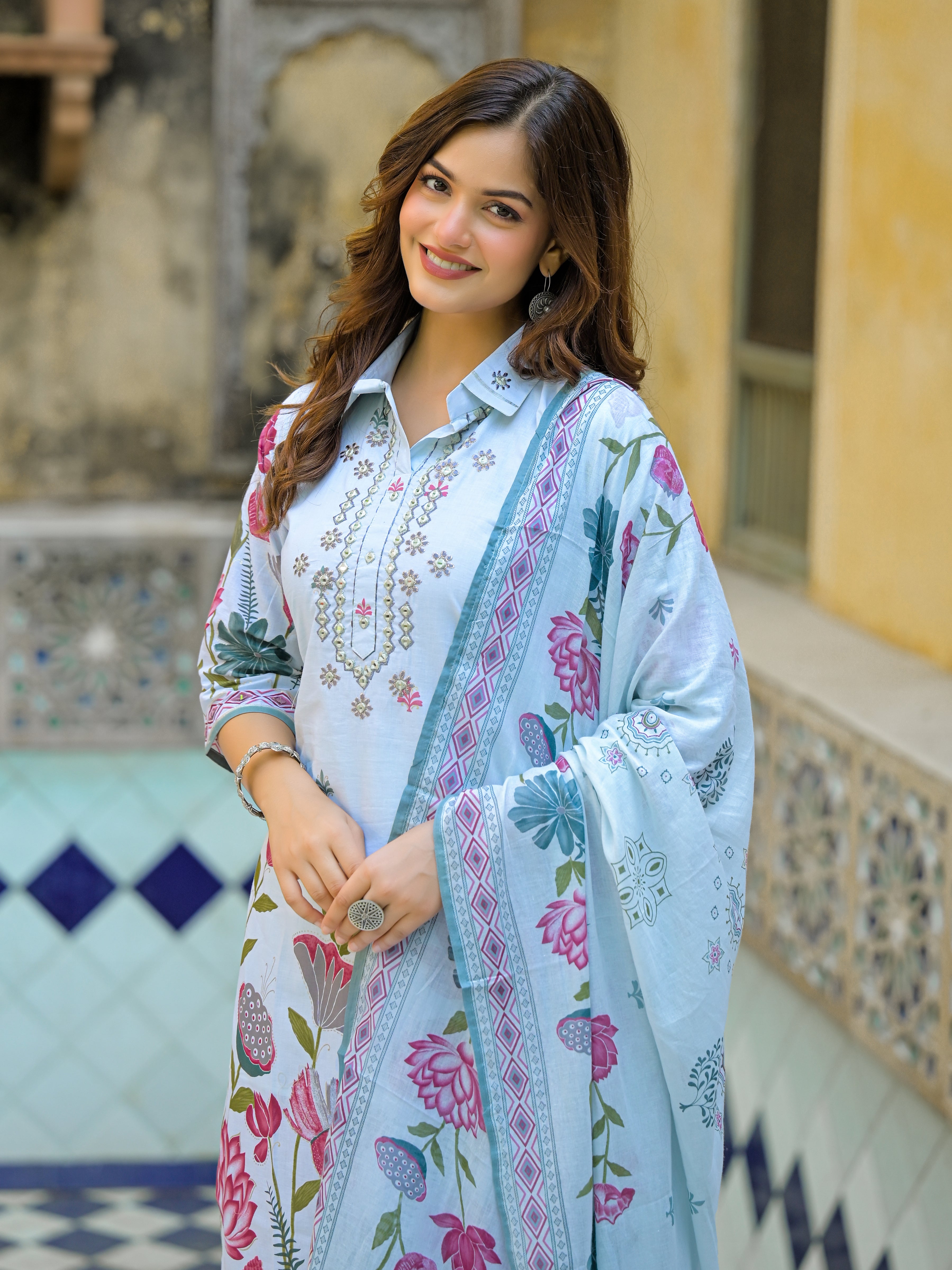 Sky Blue Floral Printed Straight Kurta Set with Dupatta