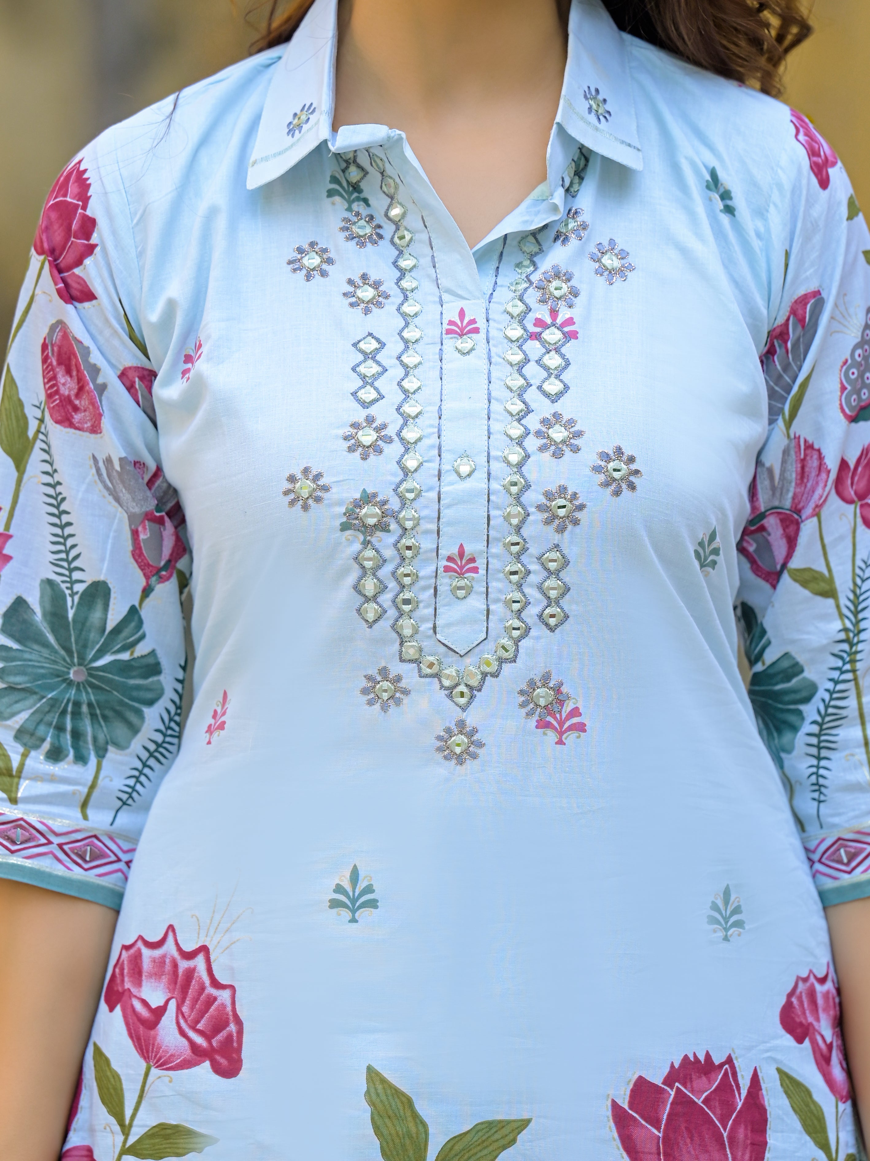 Sky Blue Floral Printed Straight Kurta Set with Dupatta