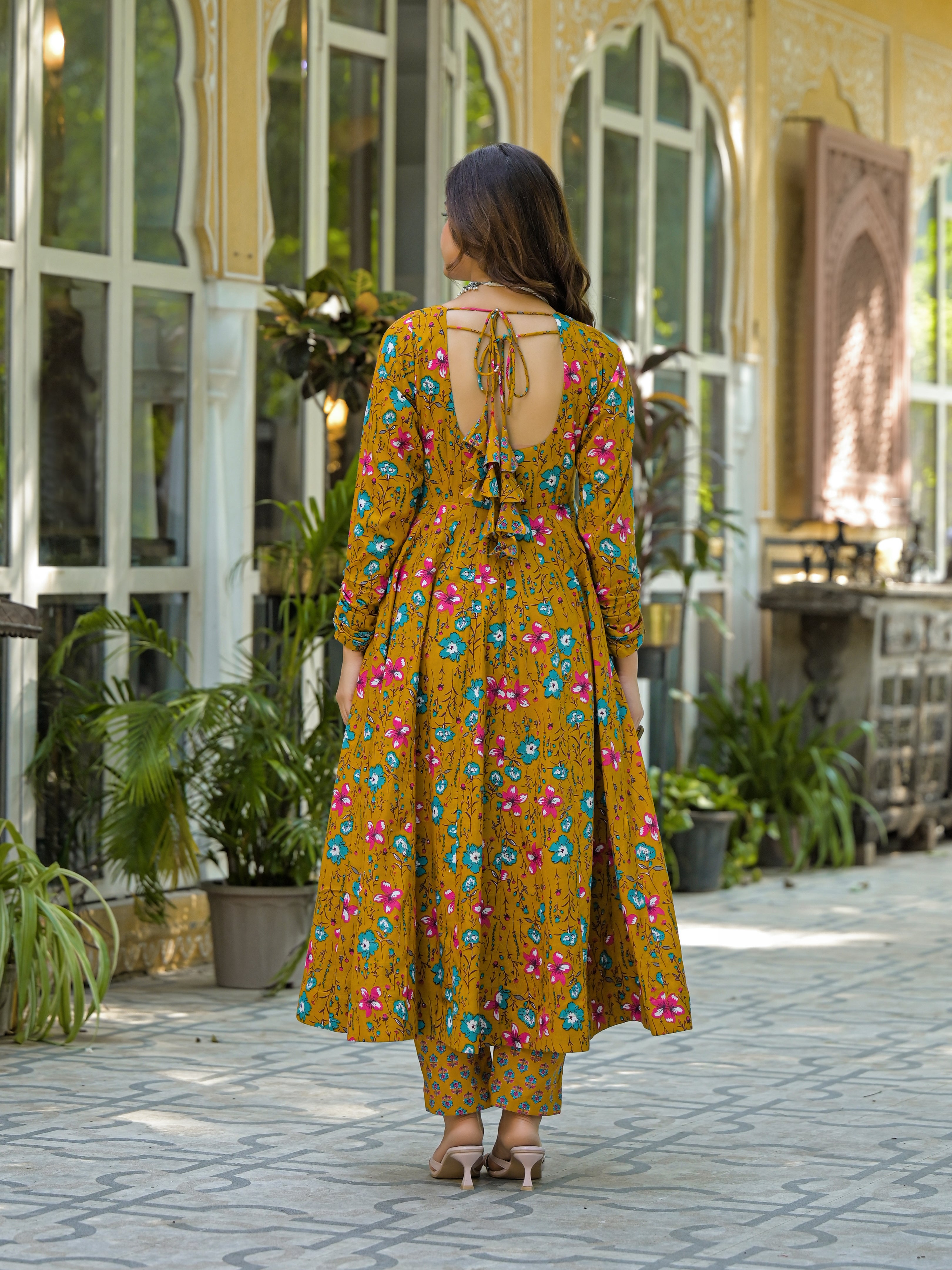 Mustard Yellow Floral Printed Anarkali Kurta Set with Dupatta