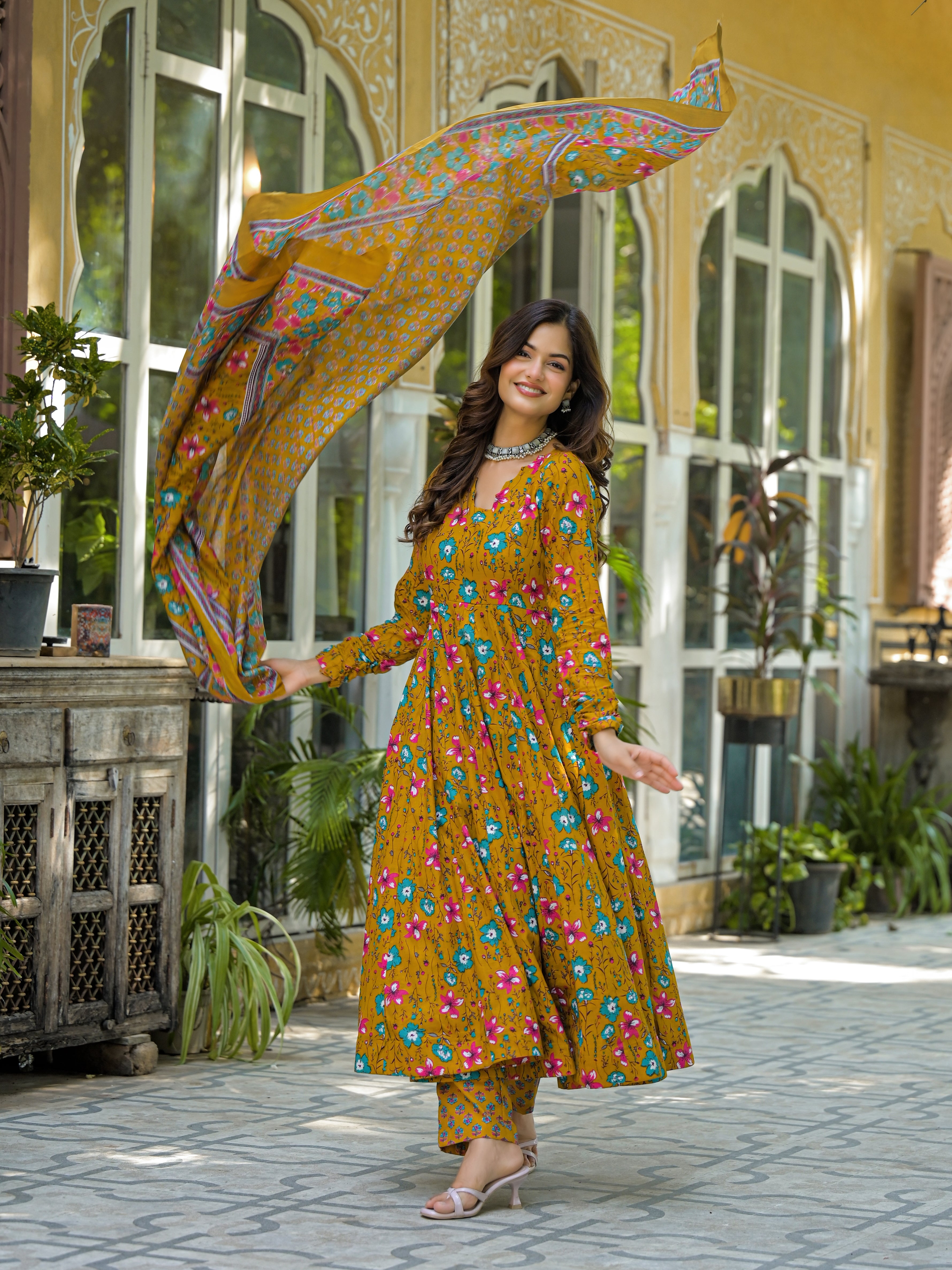 Mustard Yellow Floral Printed Anarkali Kurta Set with Dupatta