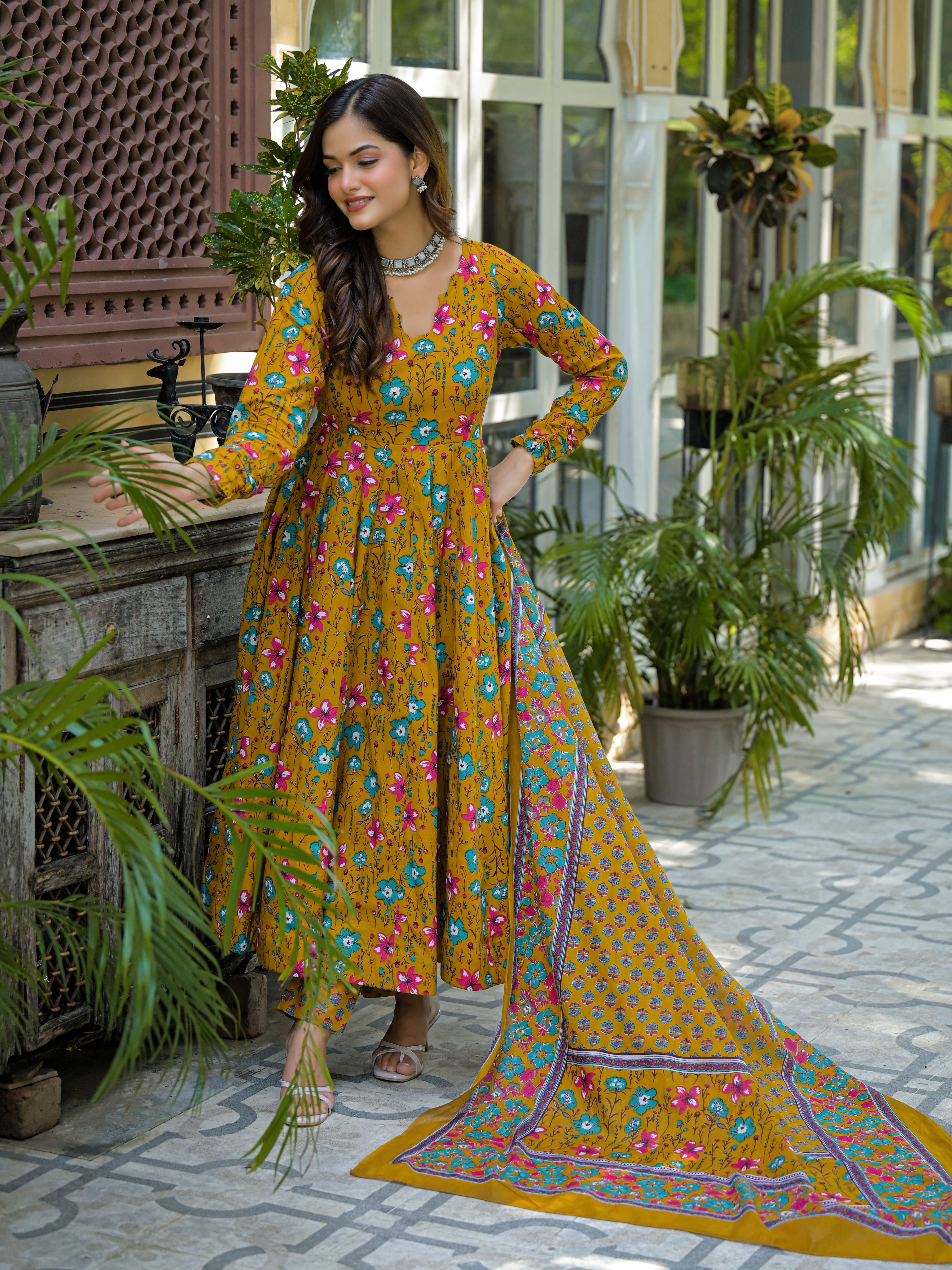 Mustard Yellow Floral Printed Anarkali Kurta Set with Dupatta