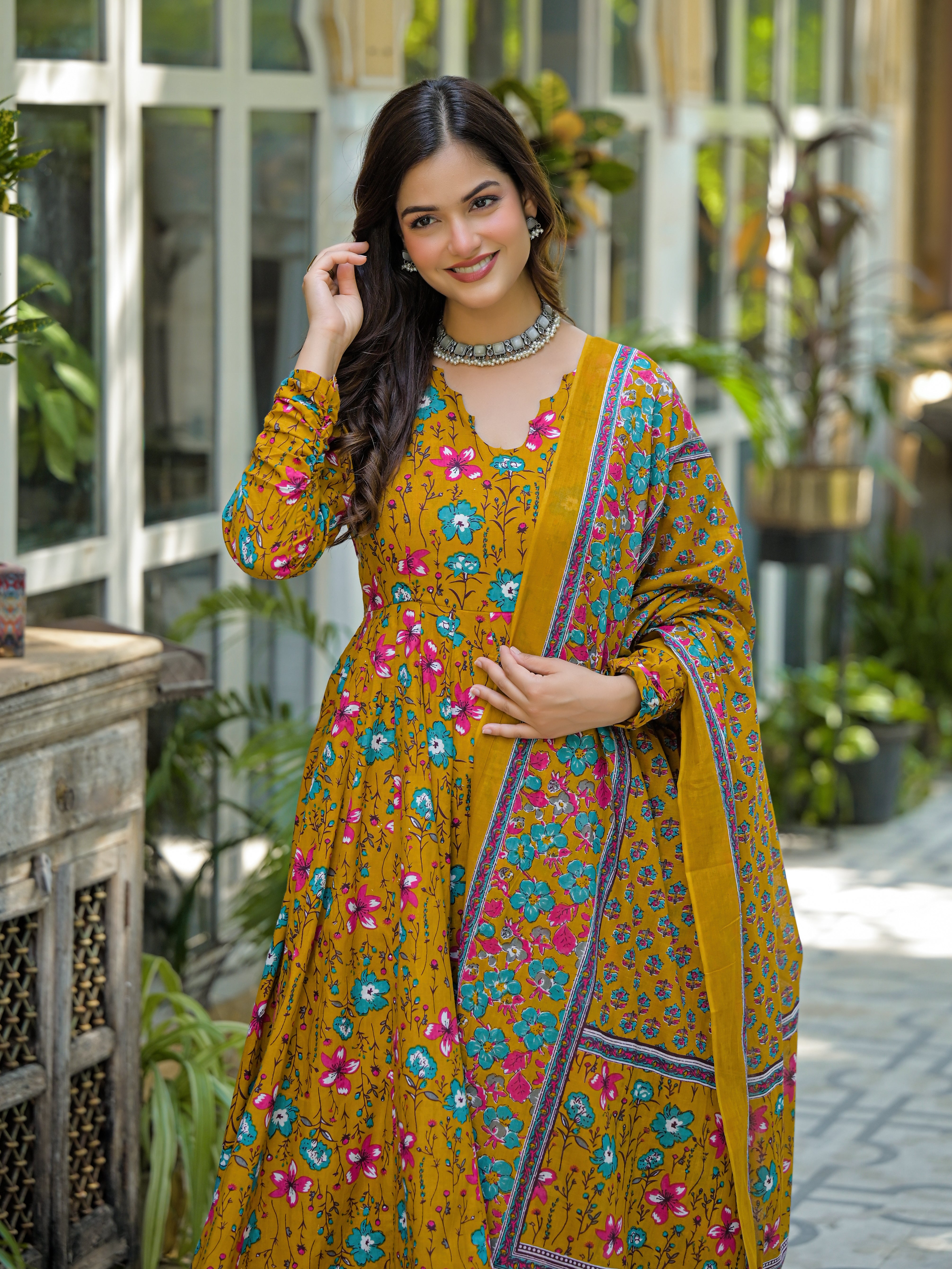 Mustard Yellow Floral Printed Anarkali Kurta Set with Dupatta