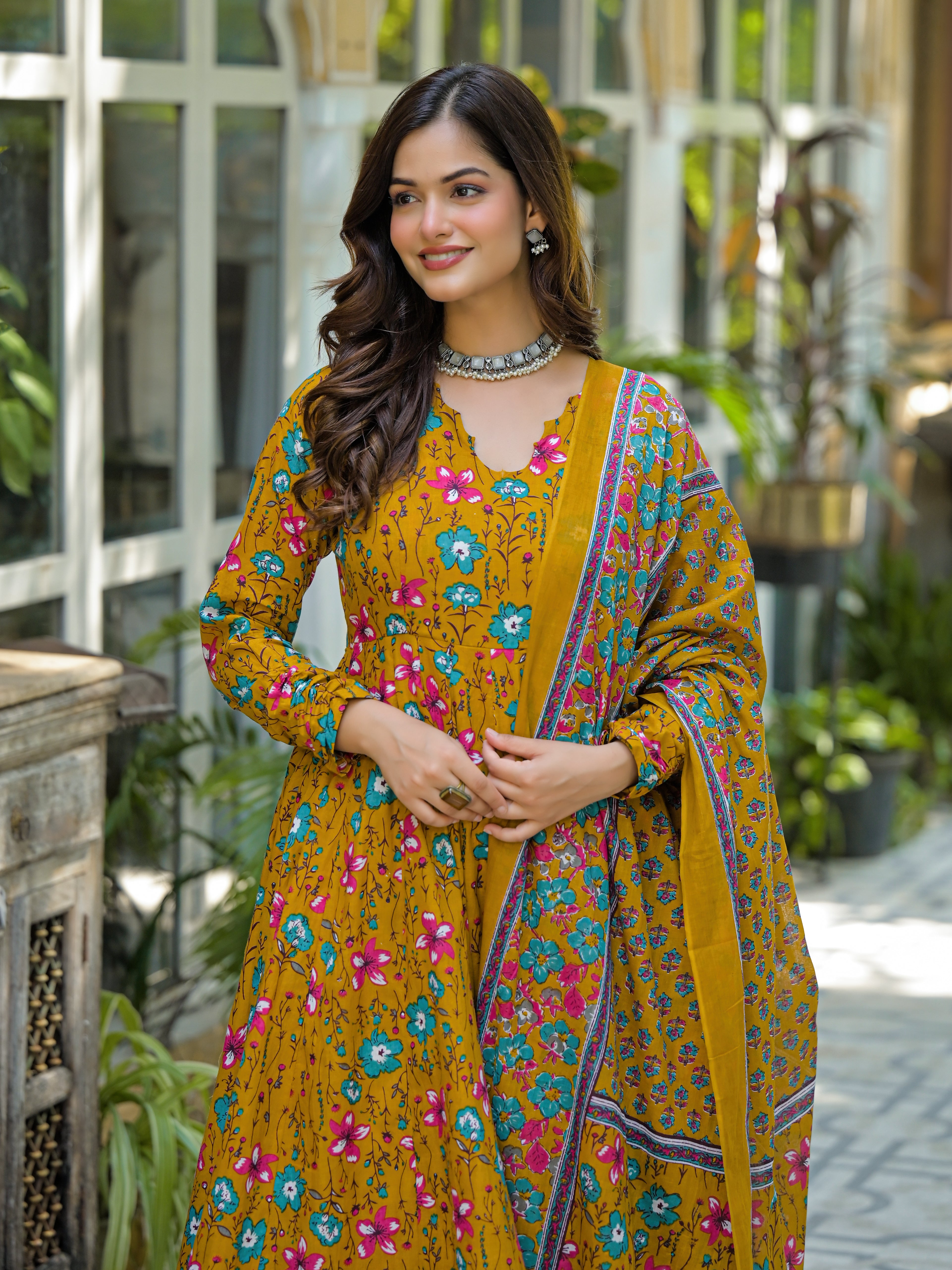 Mustard Yellow Floral Printed Anarkali Kurta Set with Dupatta