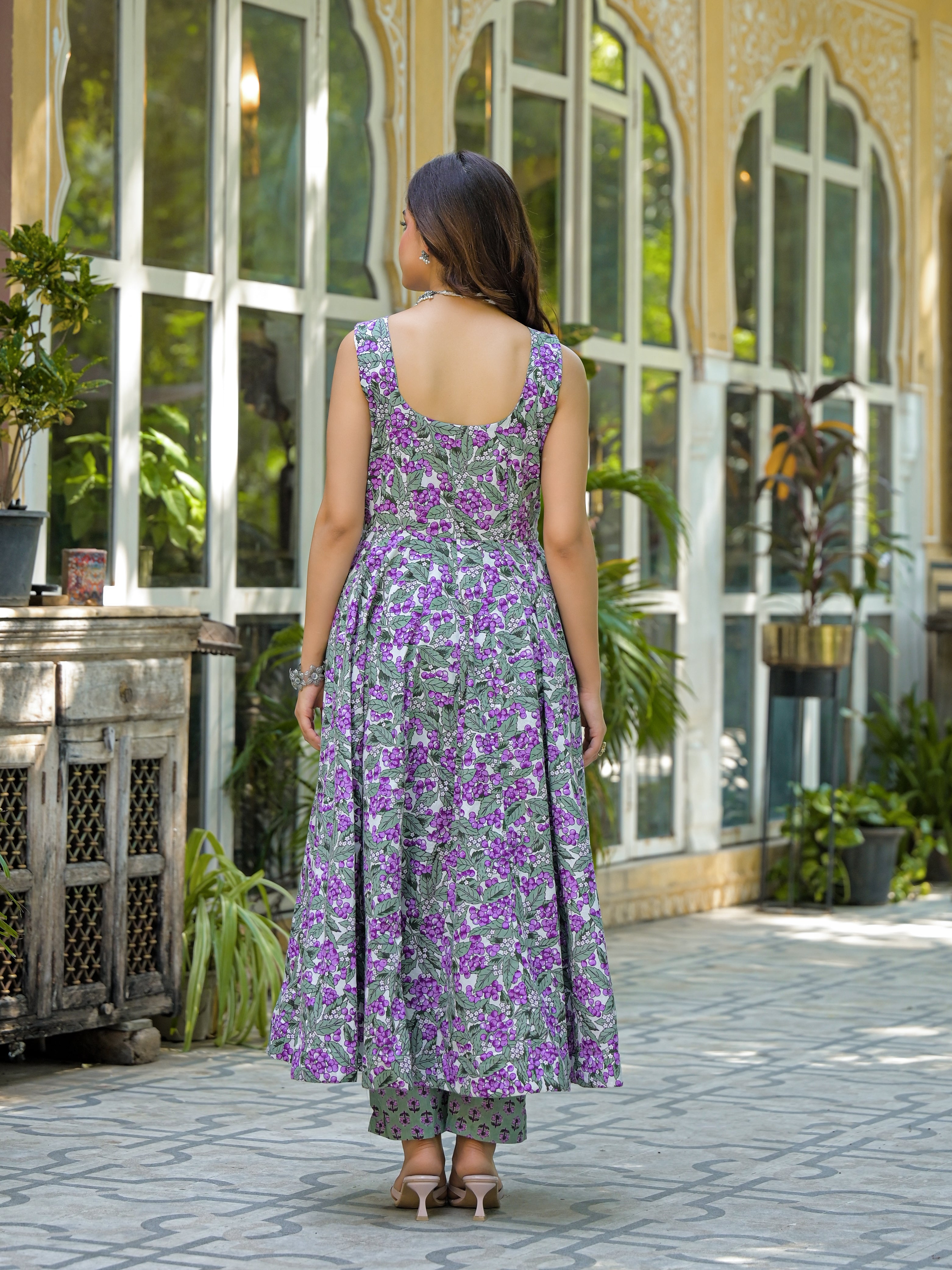 Pastel Green & Purple Floral Printed Anarkali Kurta Set with Dupatta
