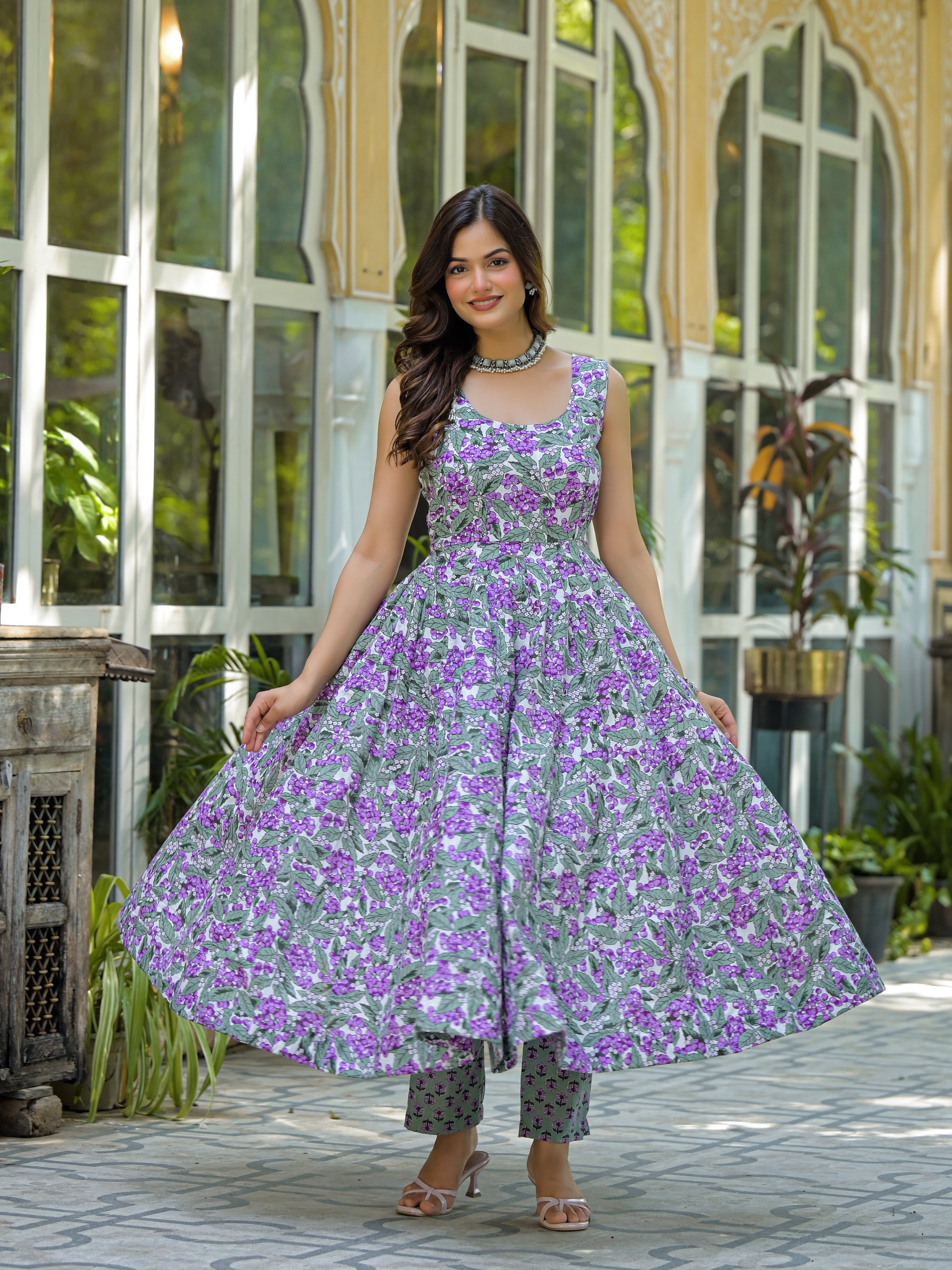 Pastel Green & Purple Floral Printed Anarkali Kurta Set with Dupatta