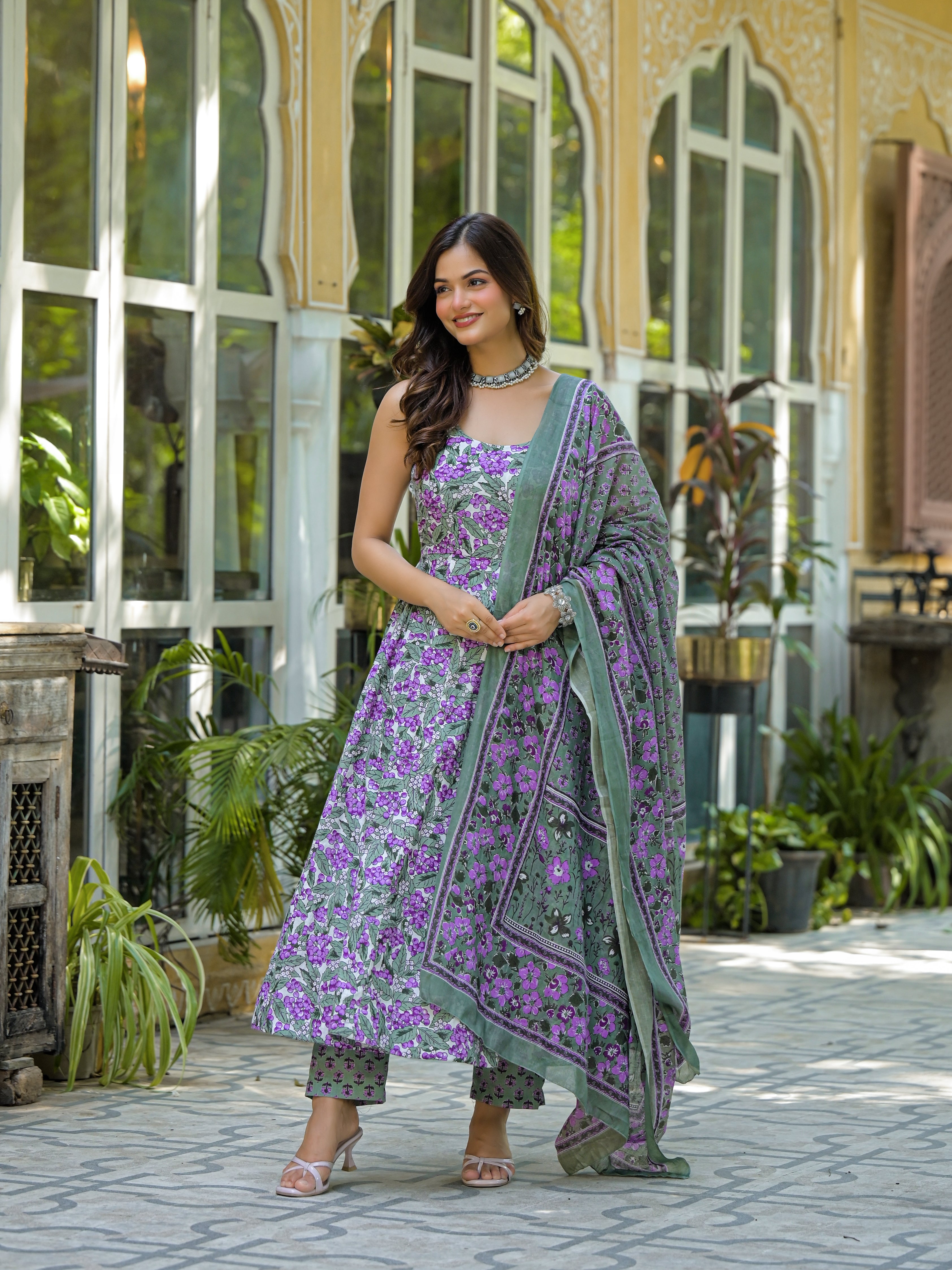 Pastel Green & Purple Floral Printed Anarkali Kurta Set with Dupatta