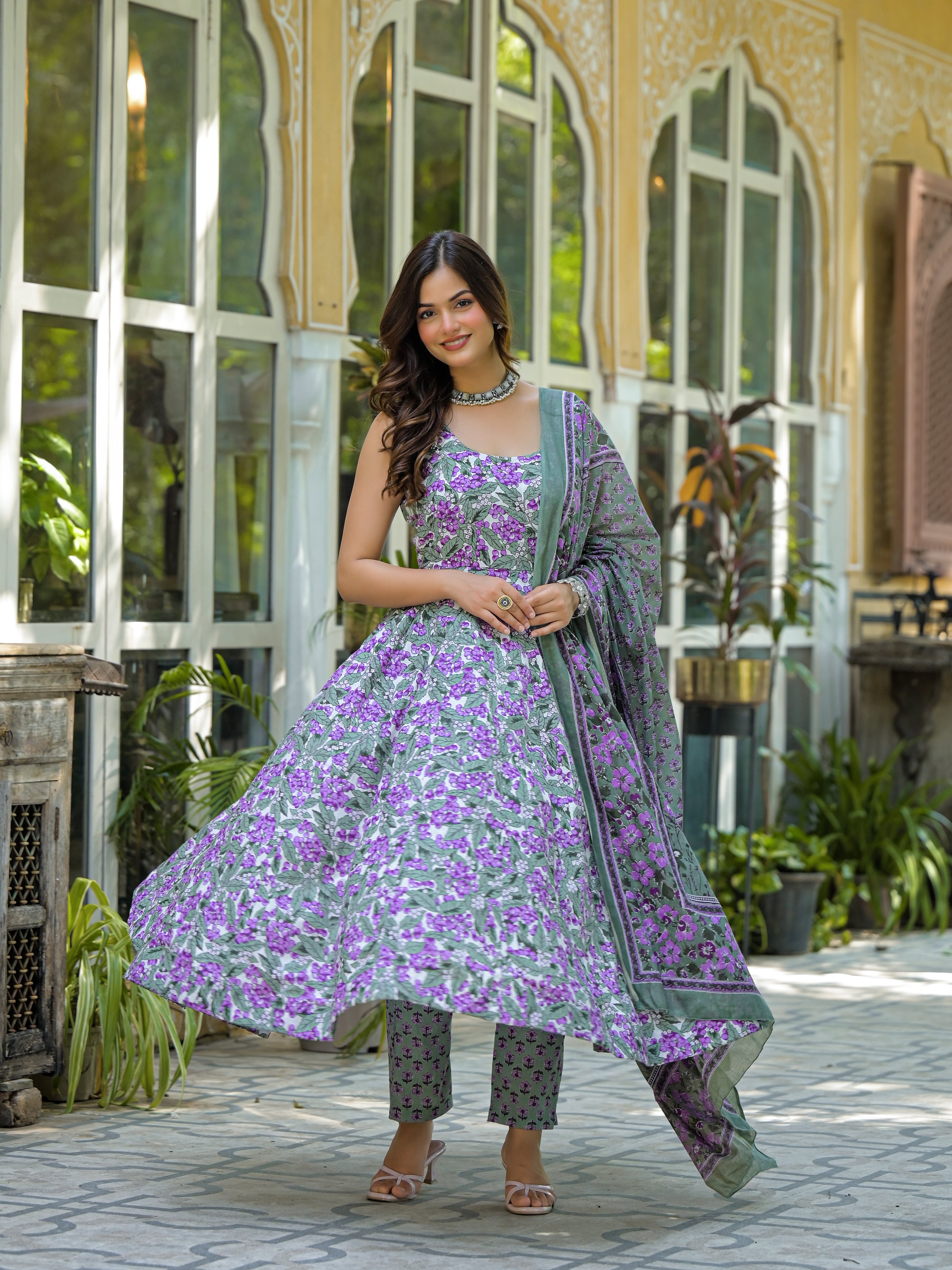 Pastel Green & Purple Floral Printed Anarkali Kurta Set with Dupatta