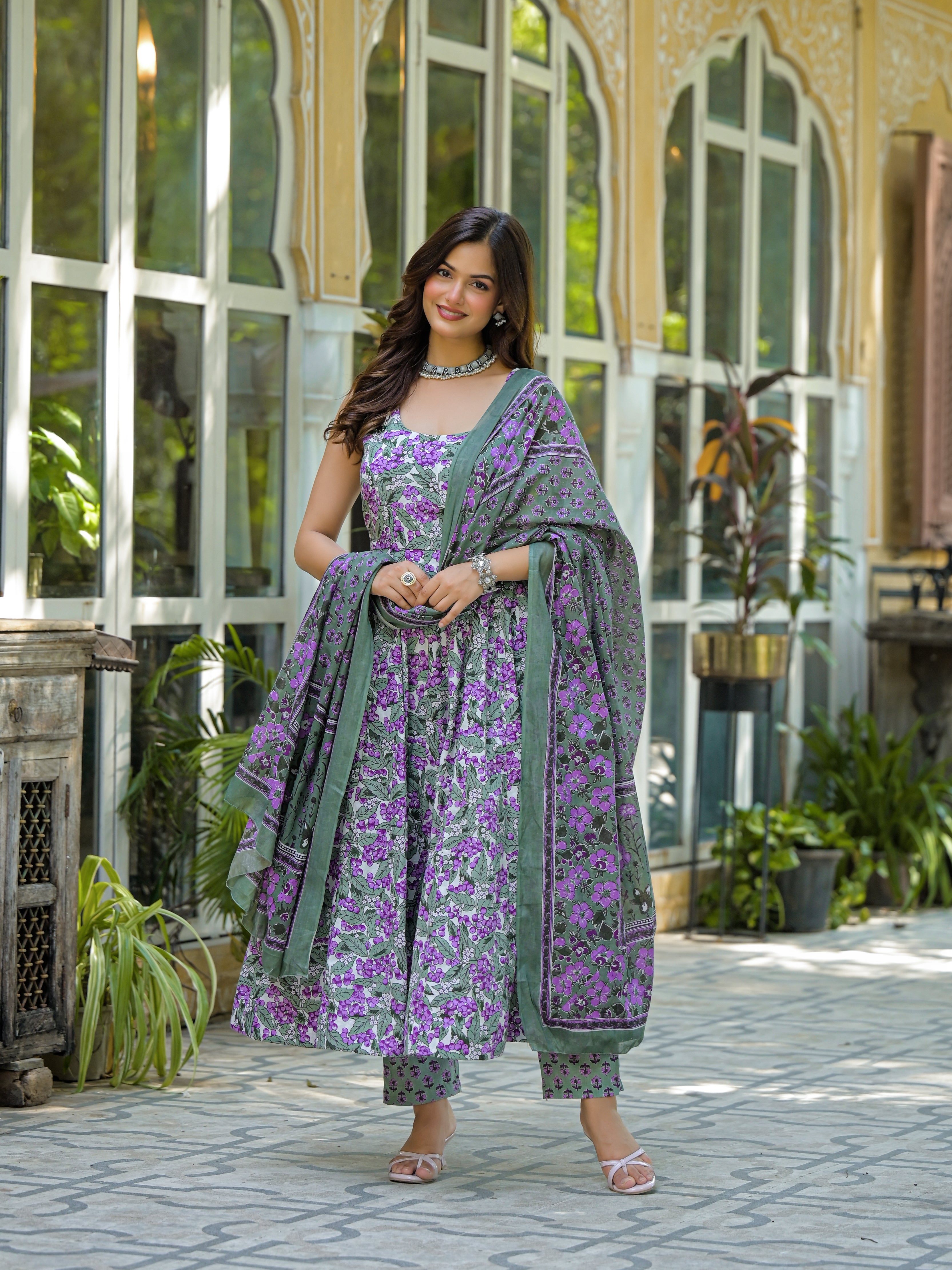 Pastel Green & Purple Floral Printed Anarkali Kurta Set with Dupatta