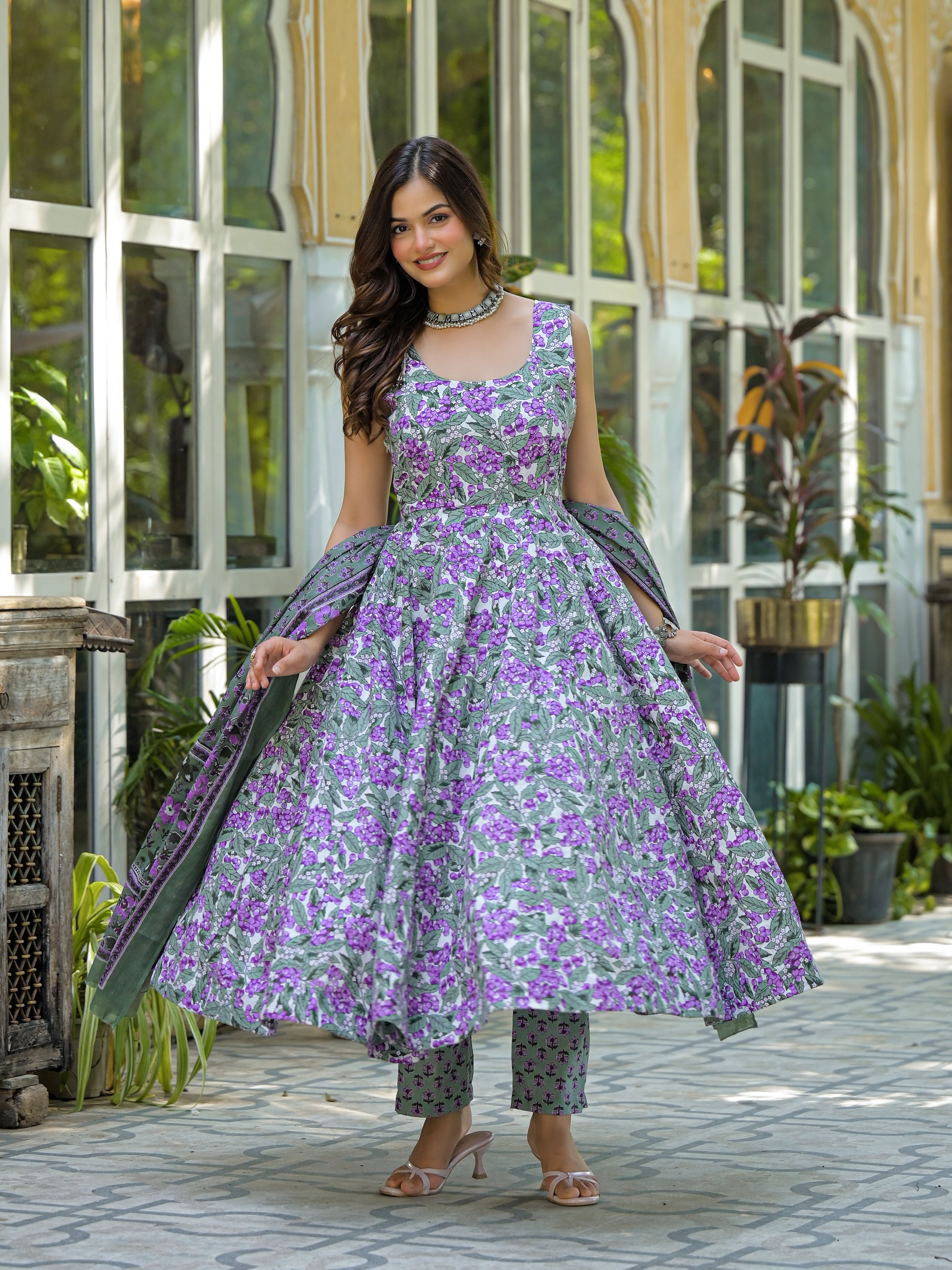 Pastel Green & Purple Floral Printed Anarkali Kurta Set with Dupatta