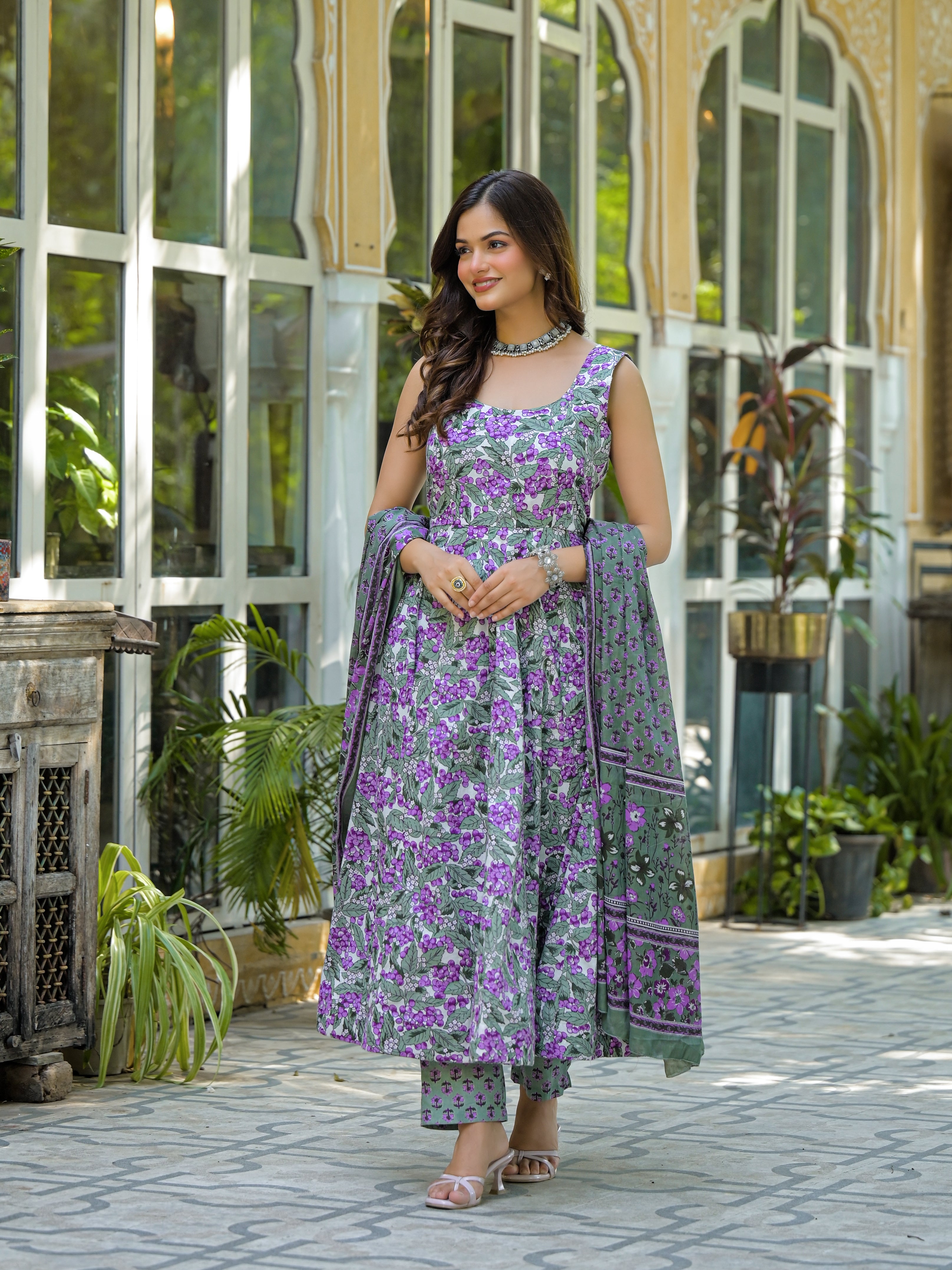 Pastel Green & Purple Floral Printed Anarkali Kurta Set with Dupatta