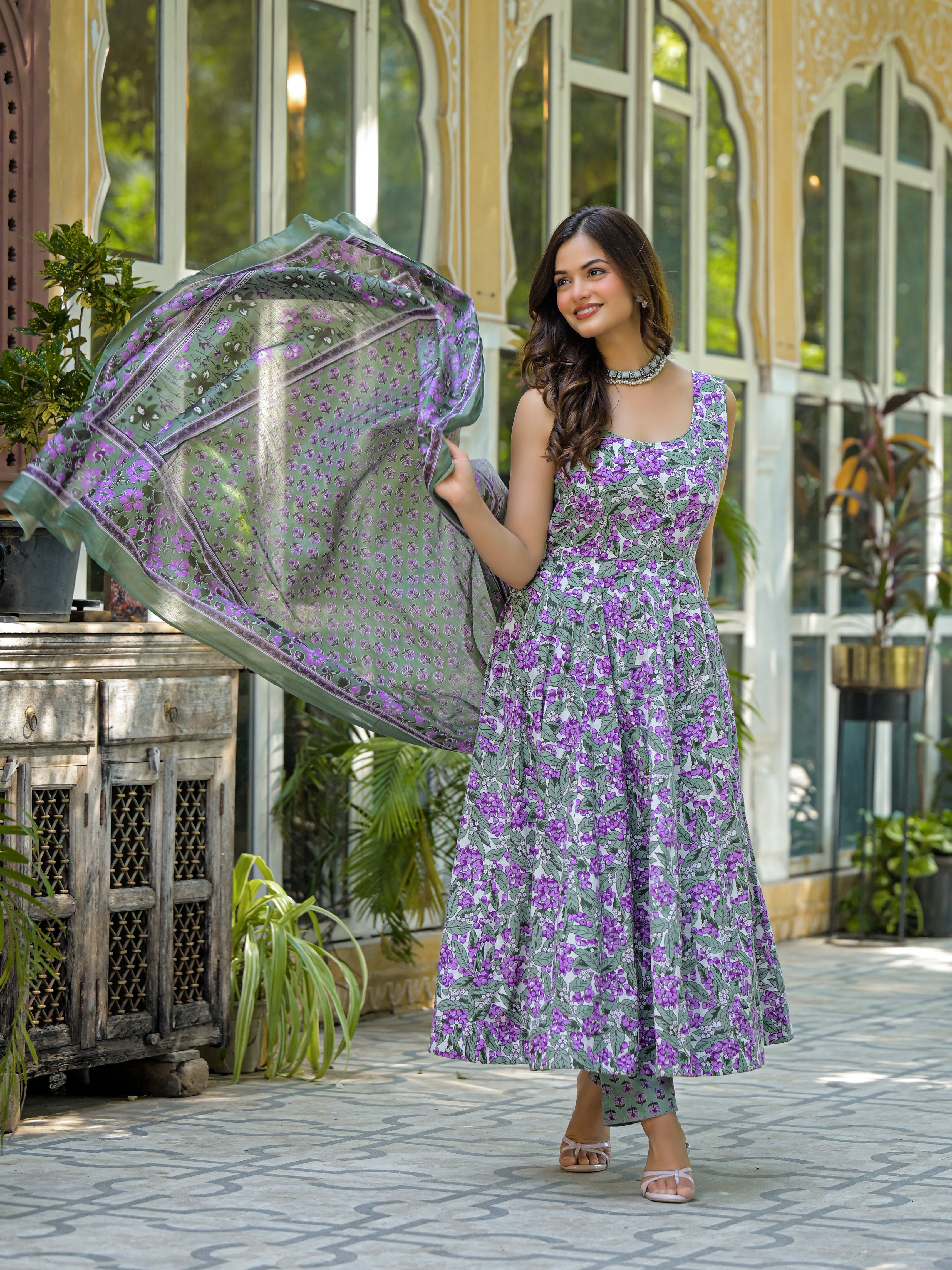 Pastel Green & Purple Floral Printed Anarkali Kurta Set with Dupatta