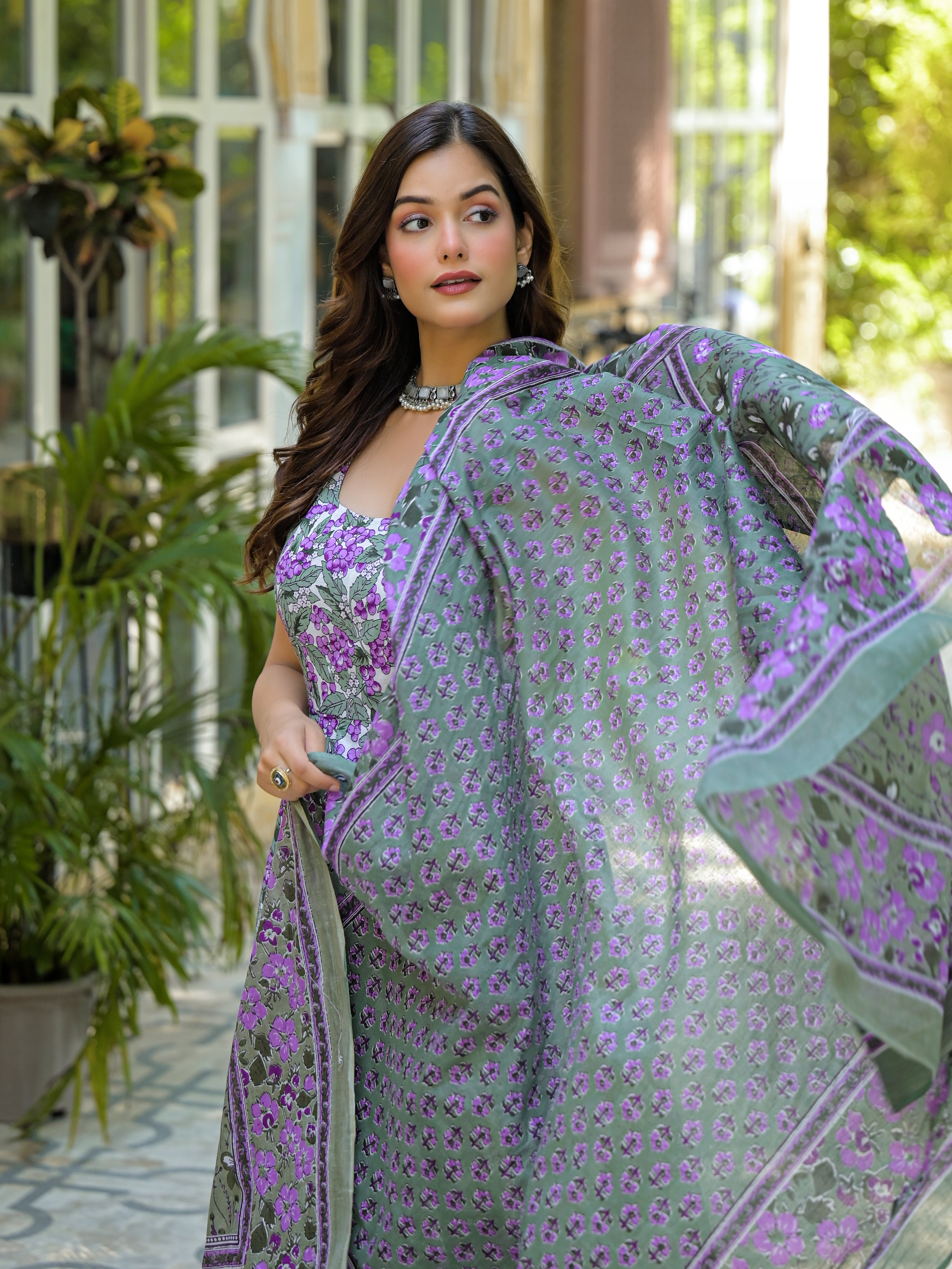 Pastel Green & Purple Floral Printed Anarkali Kurta Set with Dupatta
