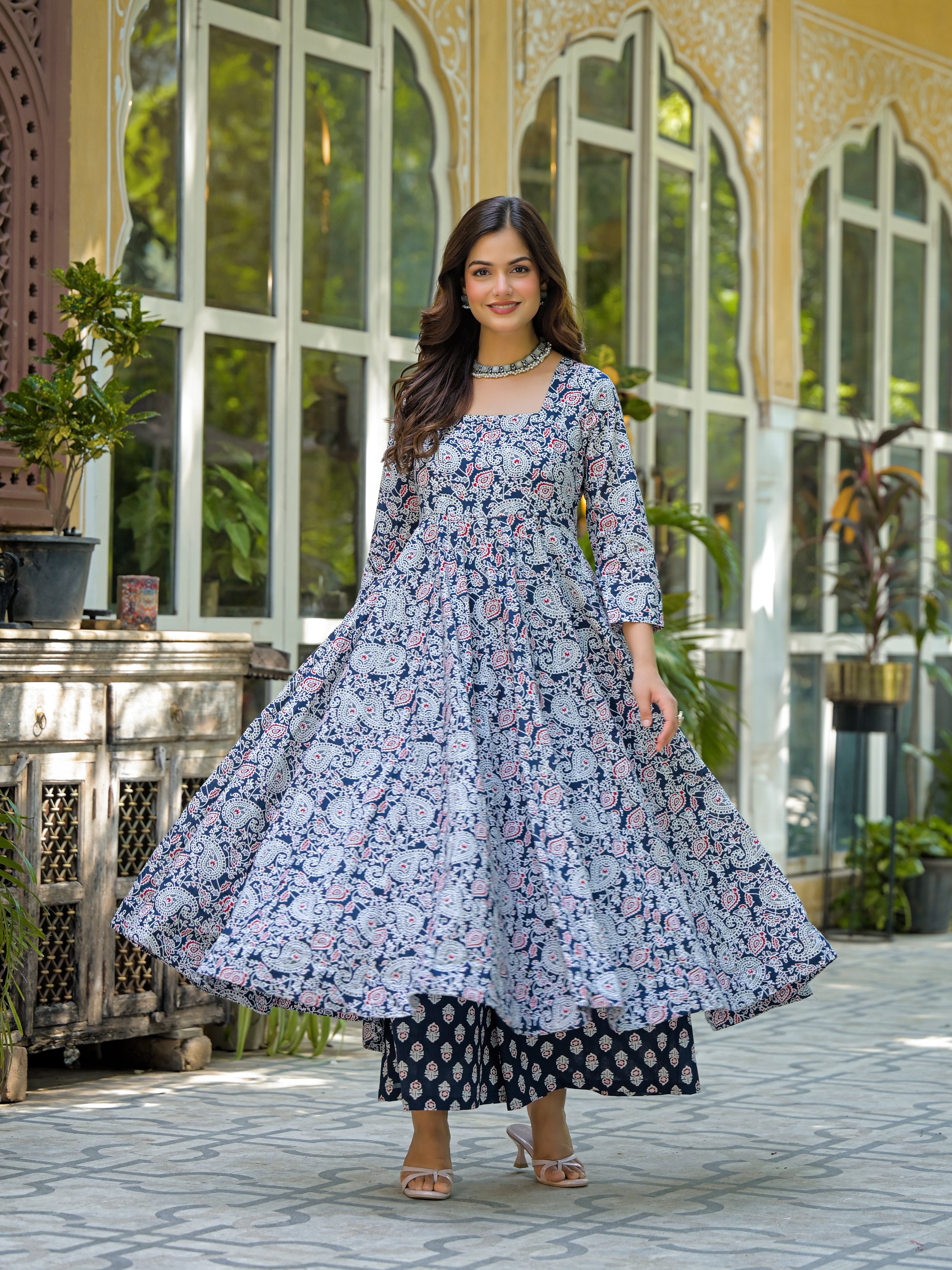 Navy Blue & White Printed Anarkali Kurta Set with Dupatta