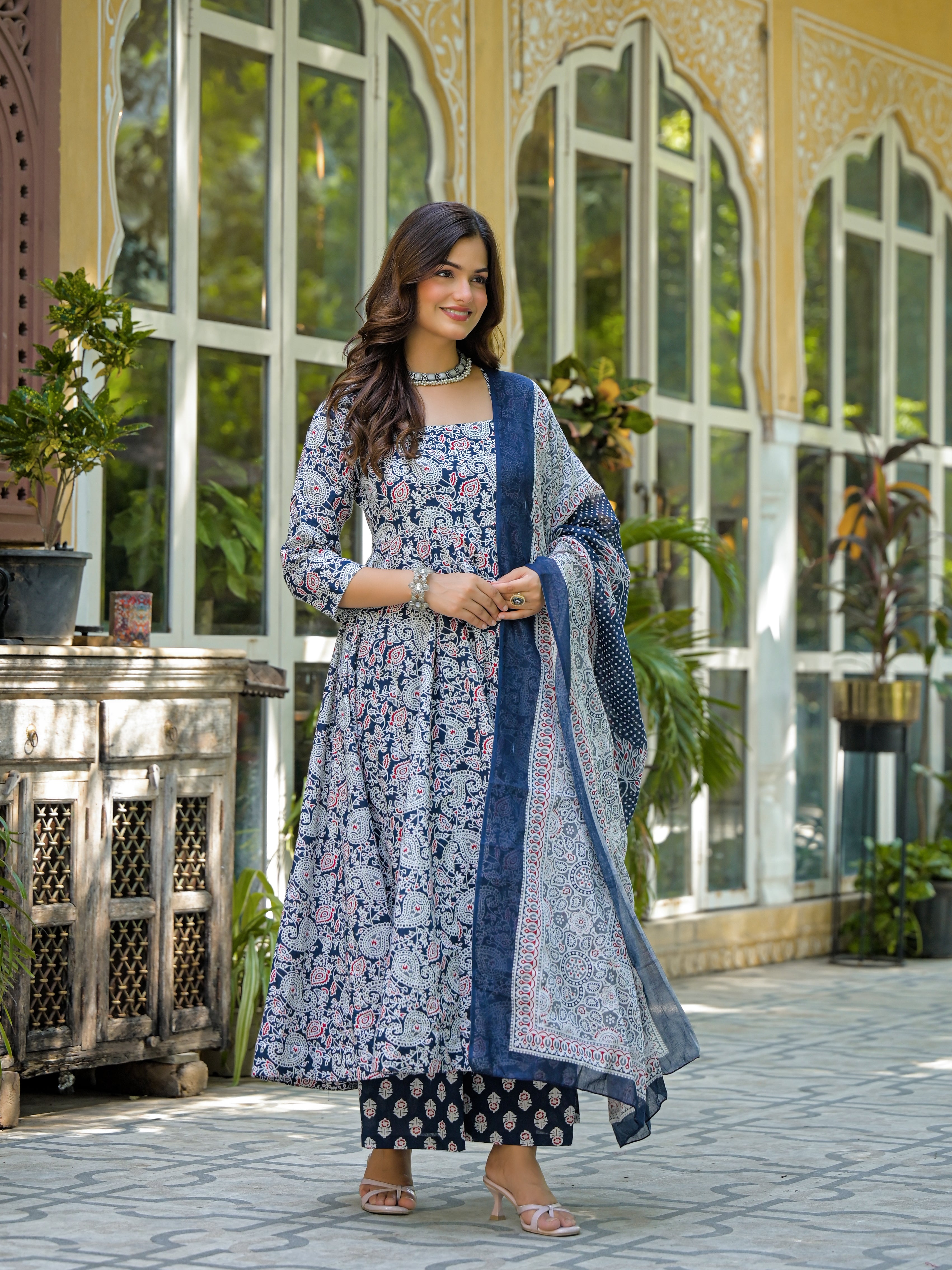 Navy Blue & White Printed Anarkali Kurta Set with Dupatta