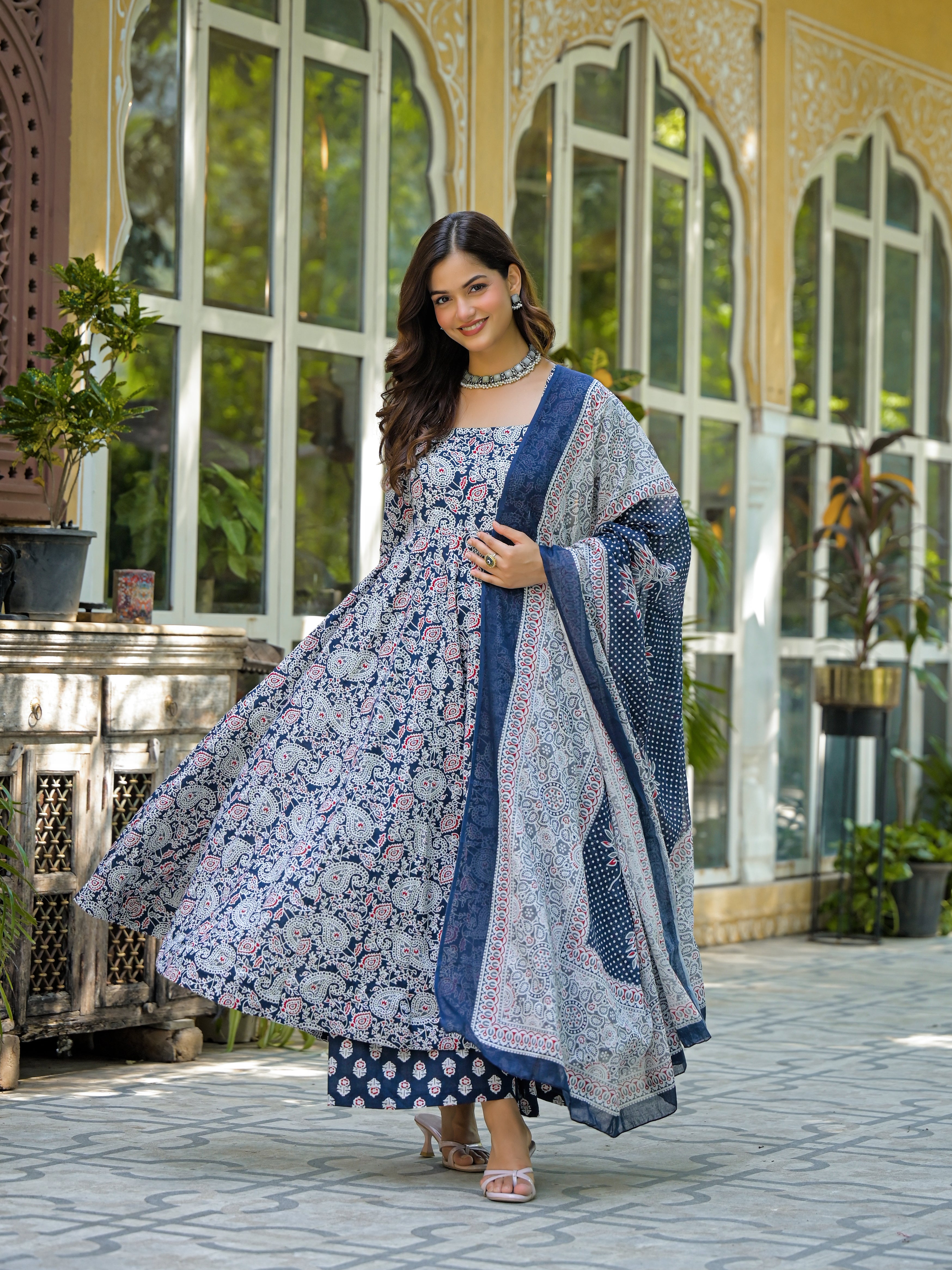 Navy Blue & White Printed Anarkali Kurta Set with Dupatta