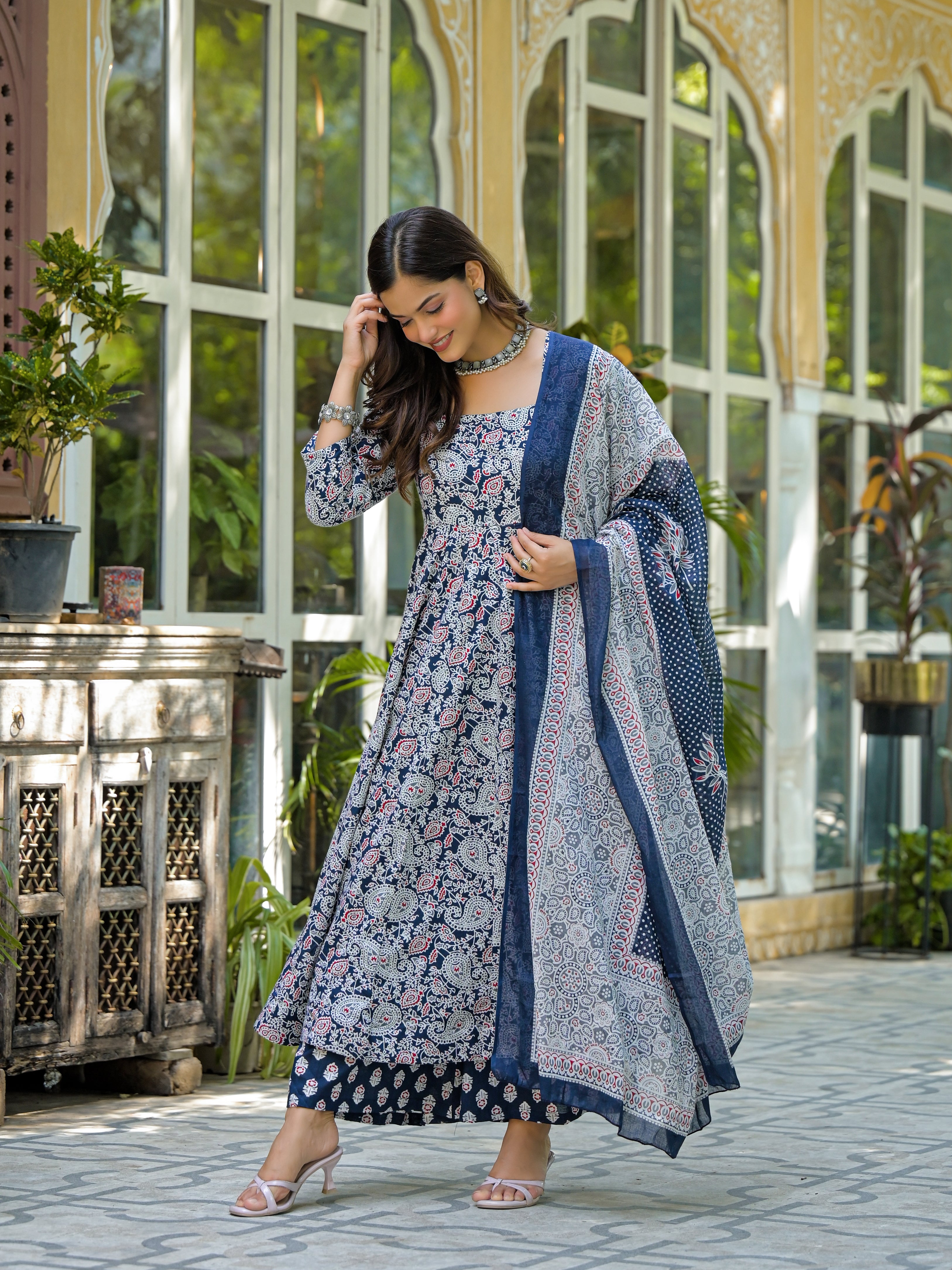 Navy Blue & White Printed Anarkali Kurta Set with Dupatta