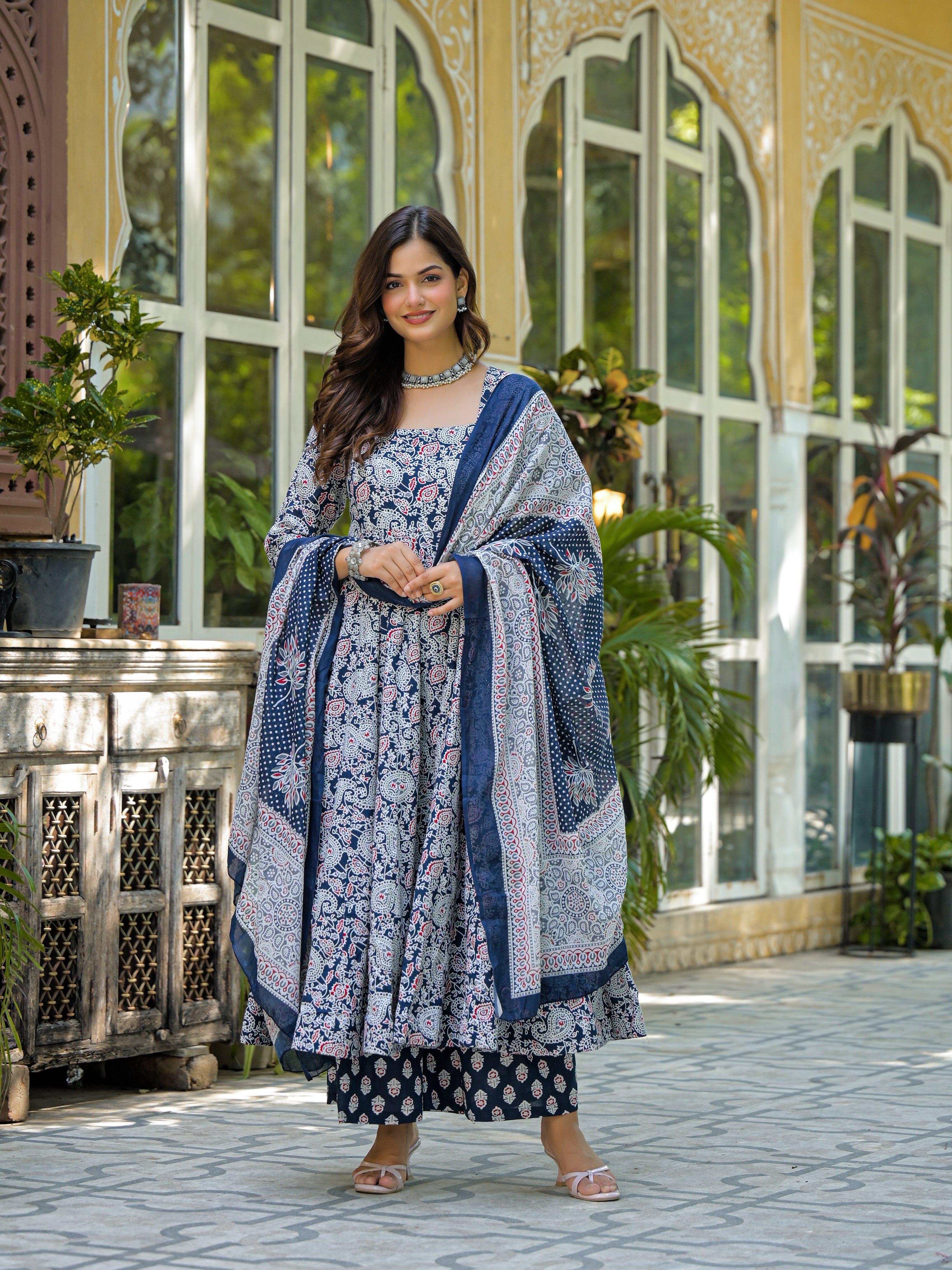 Navy Blue & White Printed Anarkali Kurta Set with Dupatta