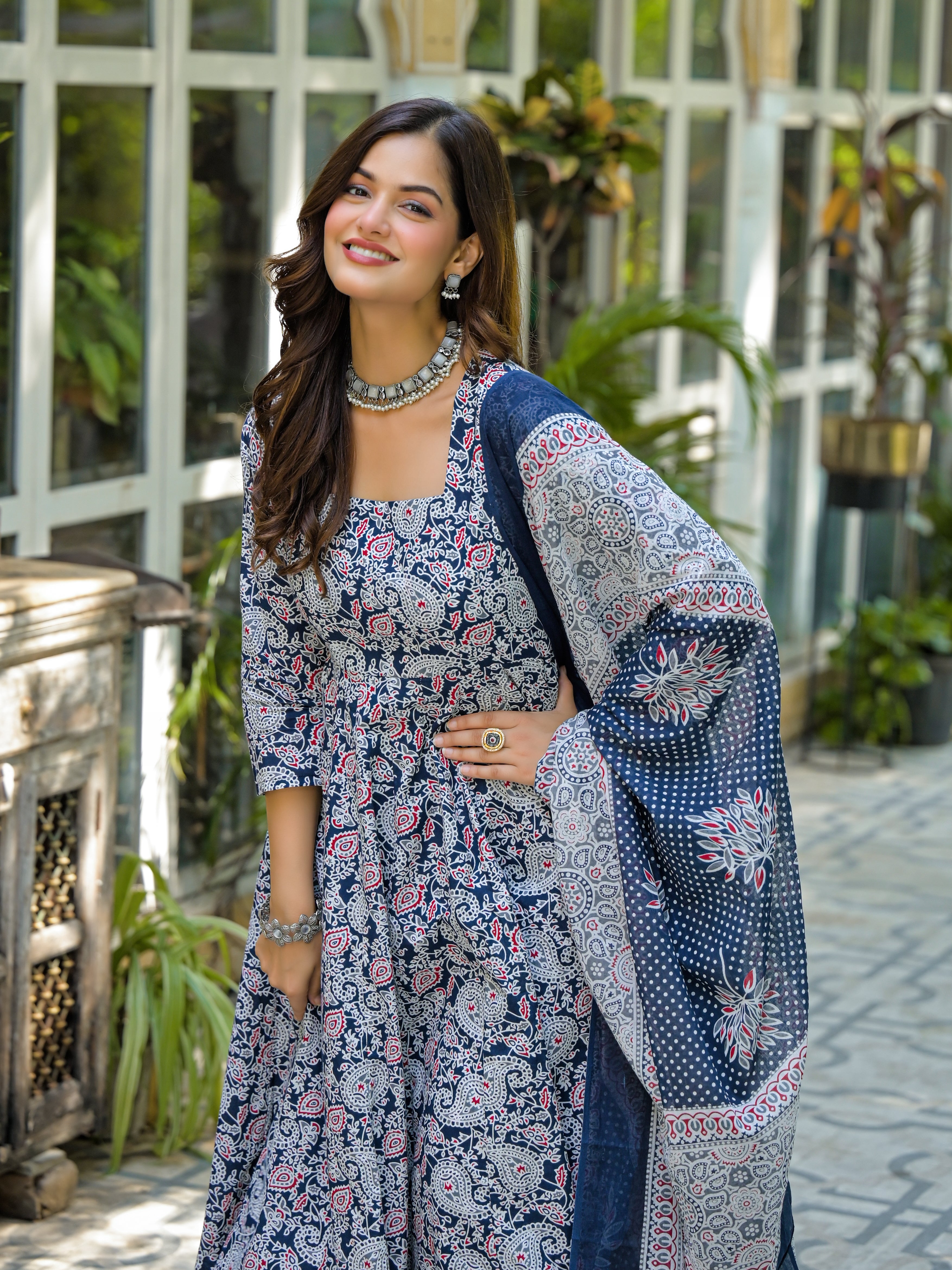 Navy Blue & White Printed Anarkali Kurta Set with Dupatta