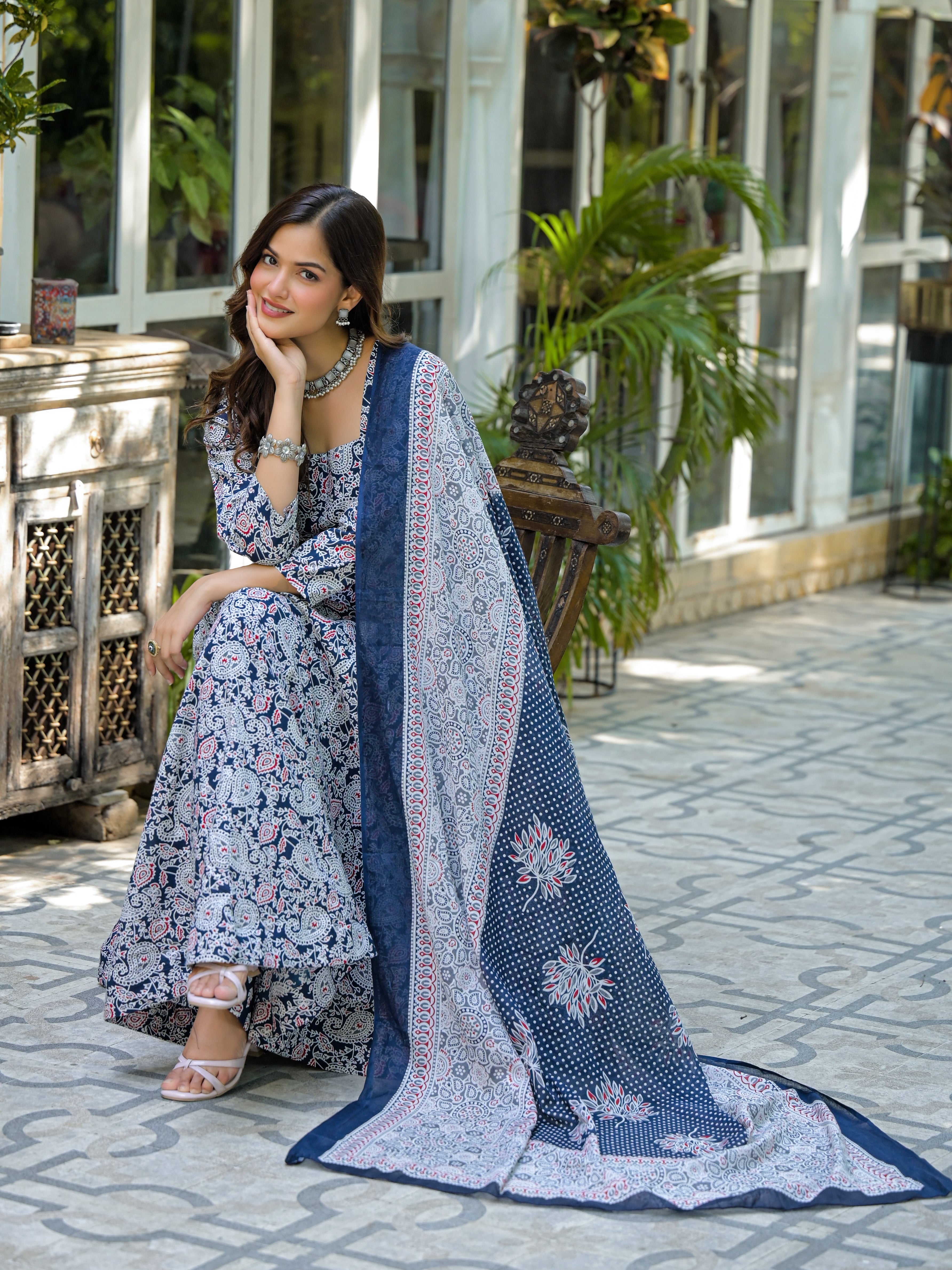 Navy Blue & White Printed Anarkali Kurta Set with Dupatta