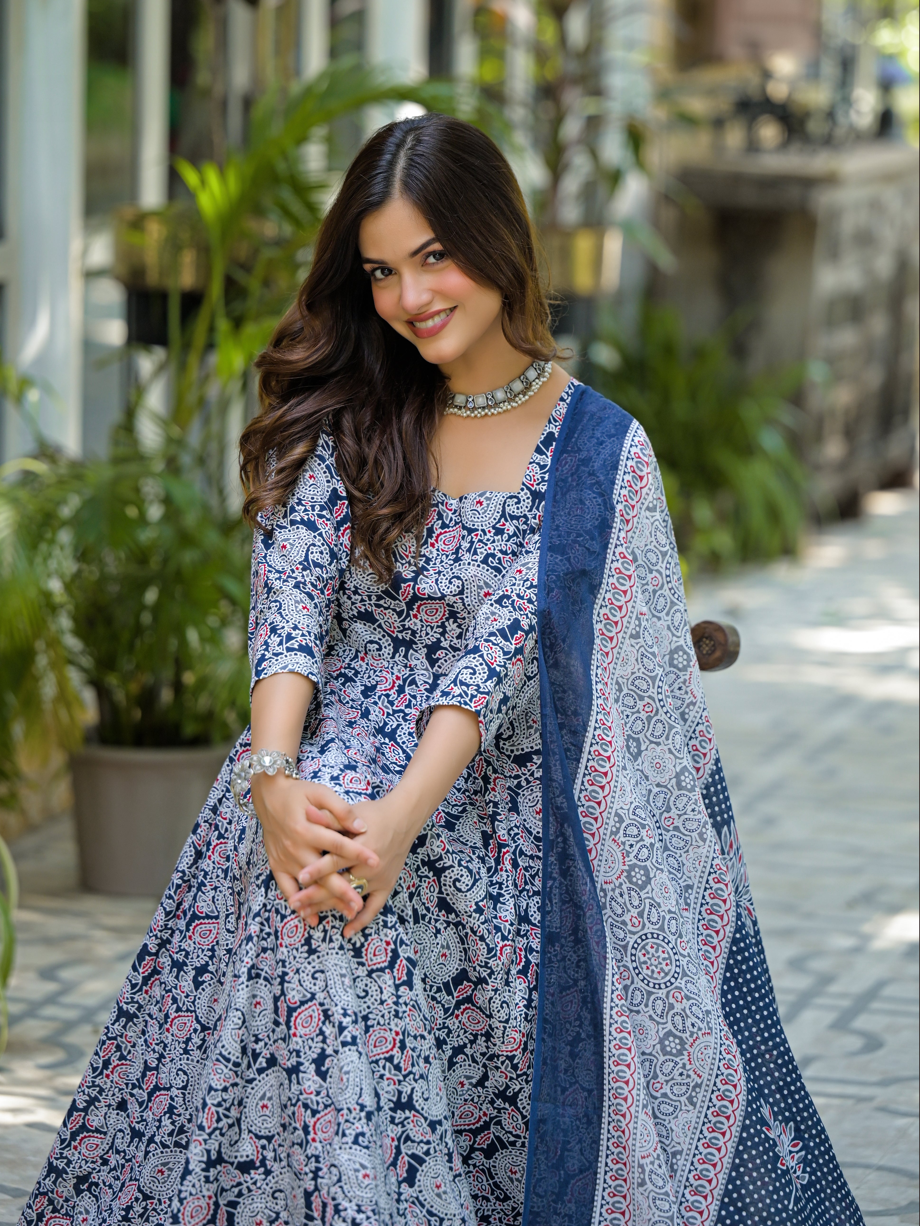 Navy Blue & White Printed Anarkali Kurta Set with Dupatta