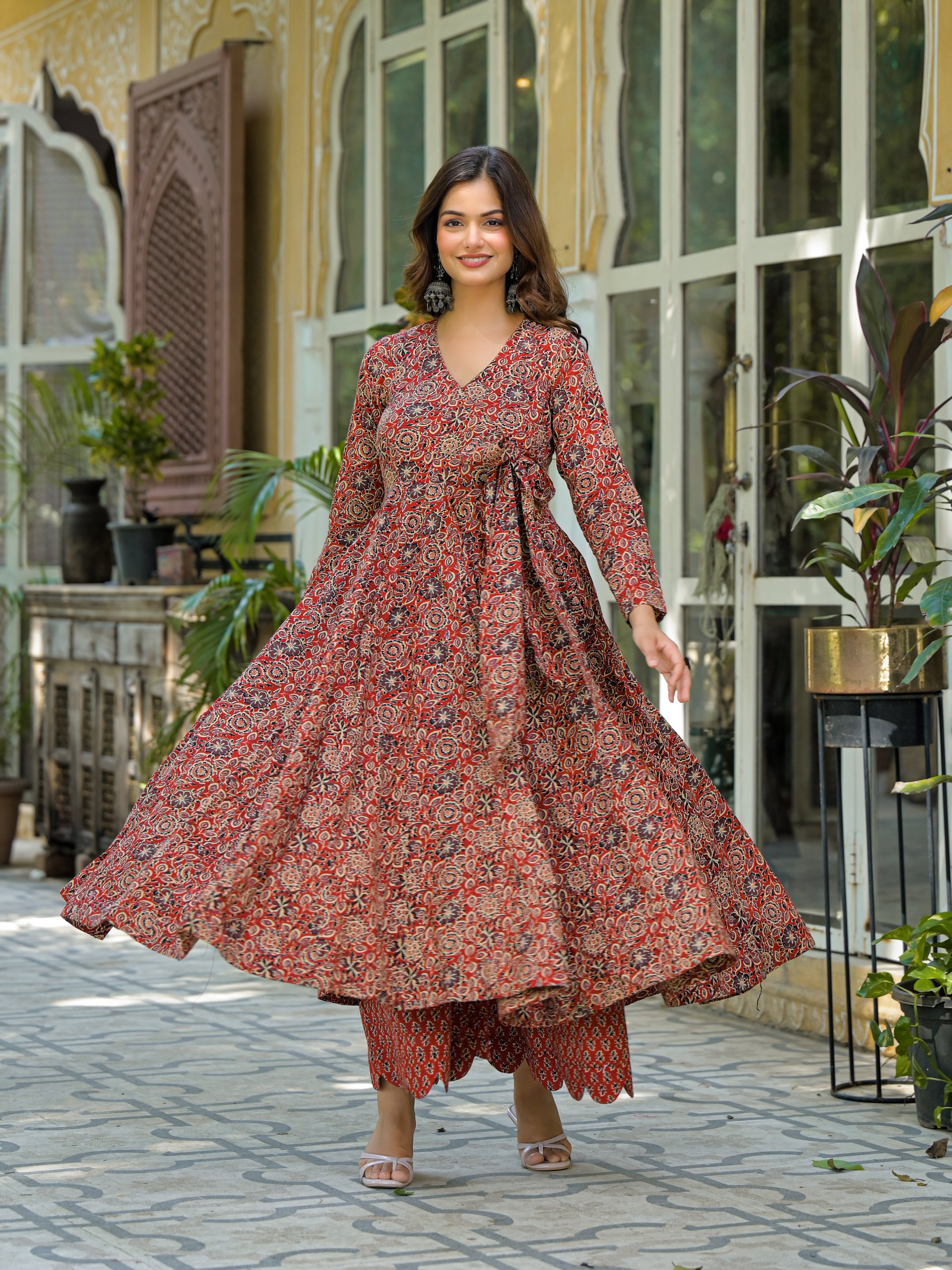 Rust Red & Black Handblock Printed Anarkali Kurta Set with Dupatta