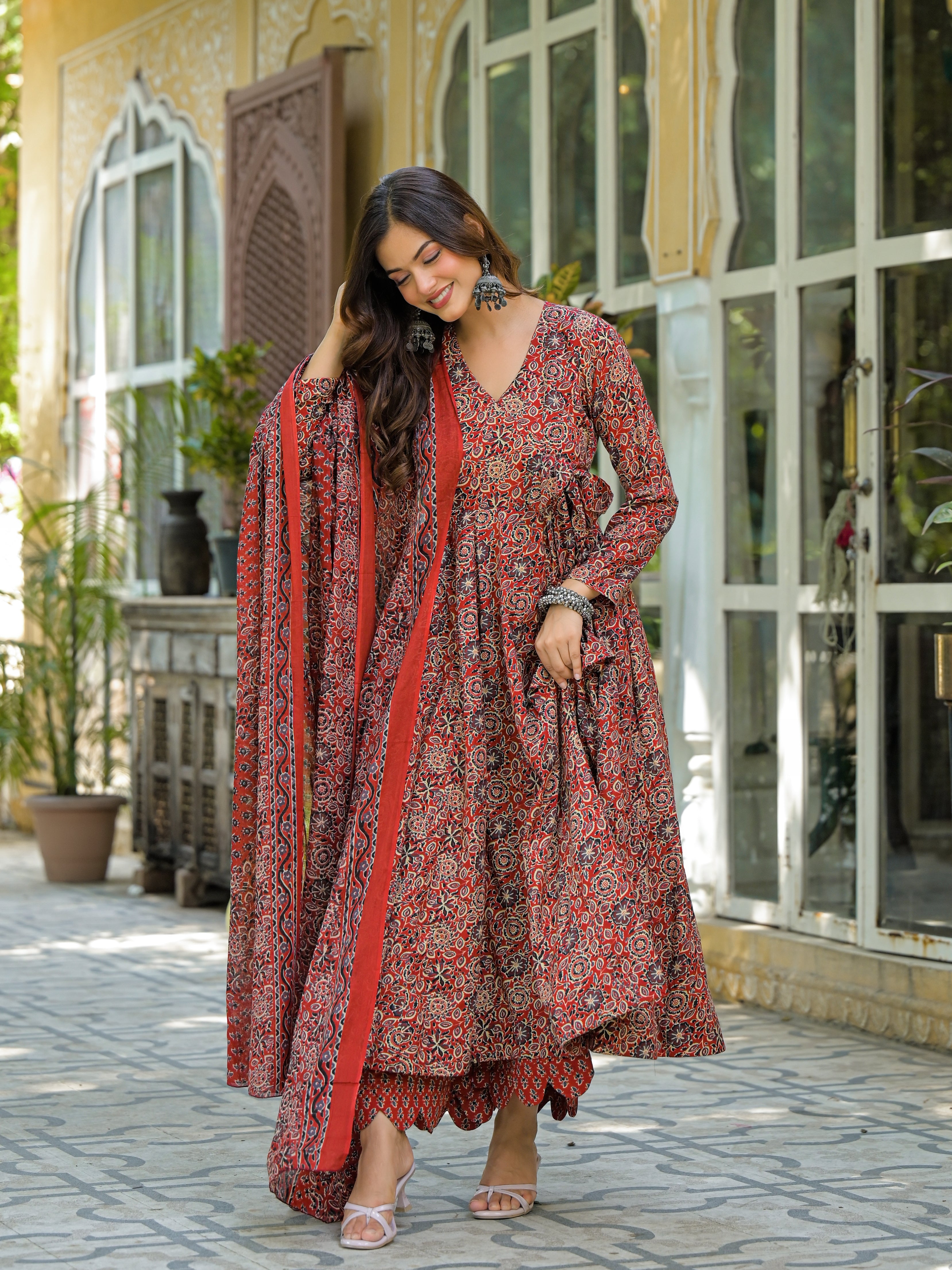 Rust Red & Black Handblock Printed Anarkali Kurta Set with Dupatta