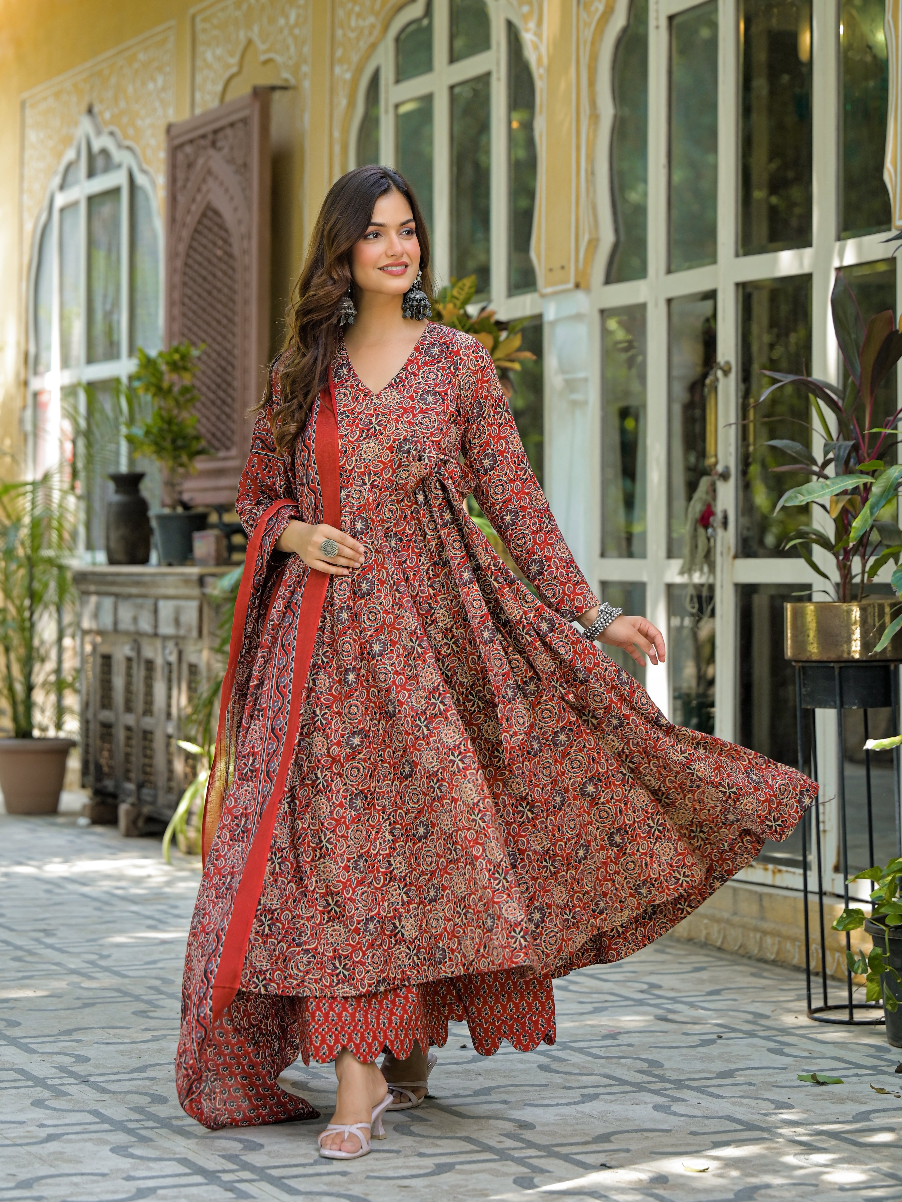 Rust Red & Black Handblock Printed Anarkali Kurta Set with Dupatta