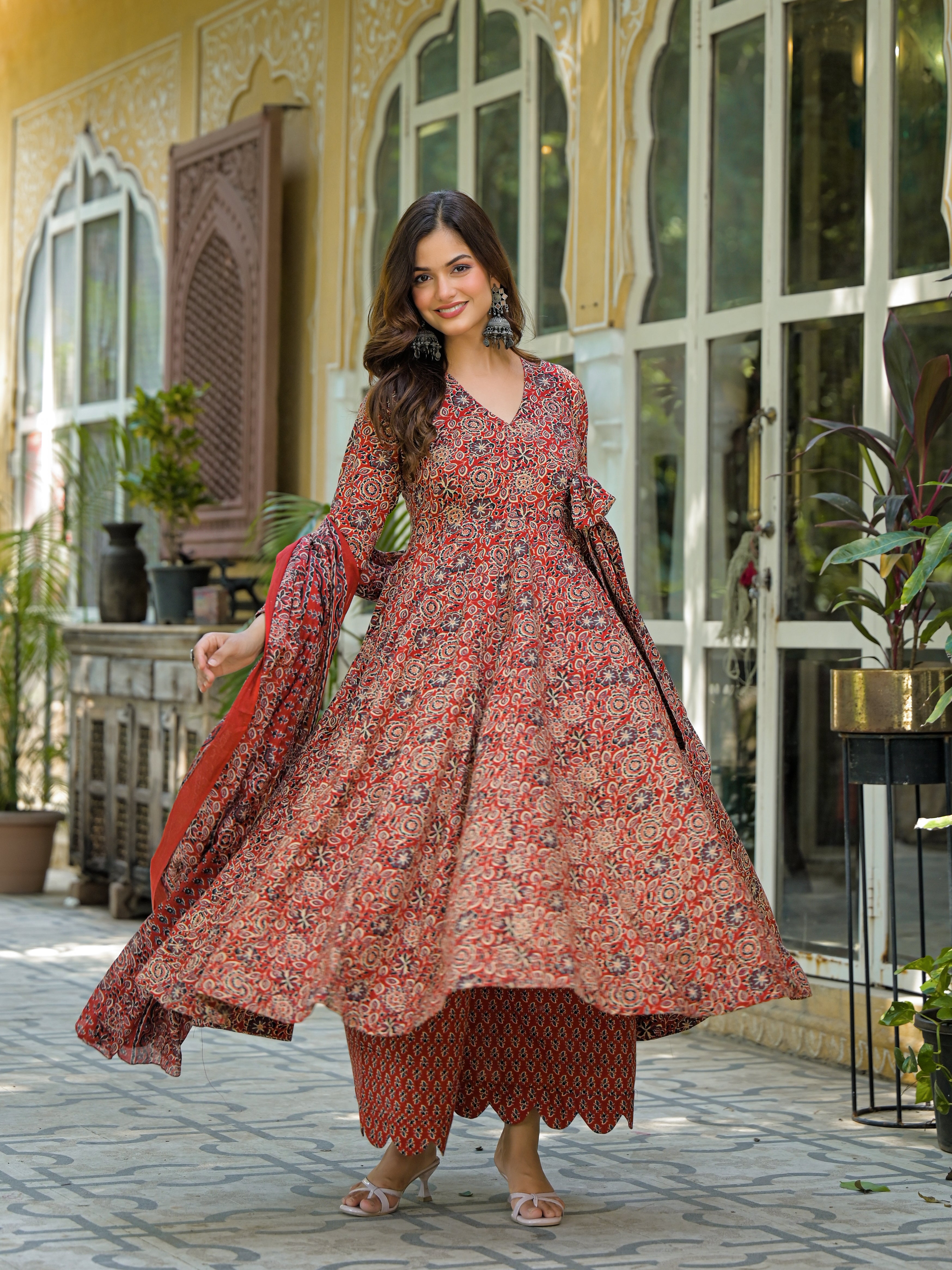 Rust Red & Black Handblock Printed Anarkali Kurta Set with Dupatta