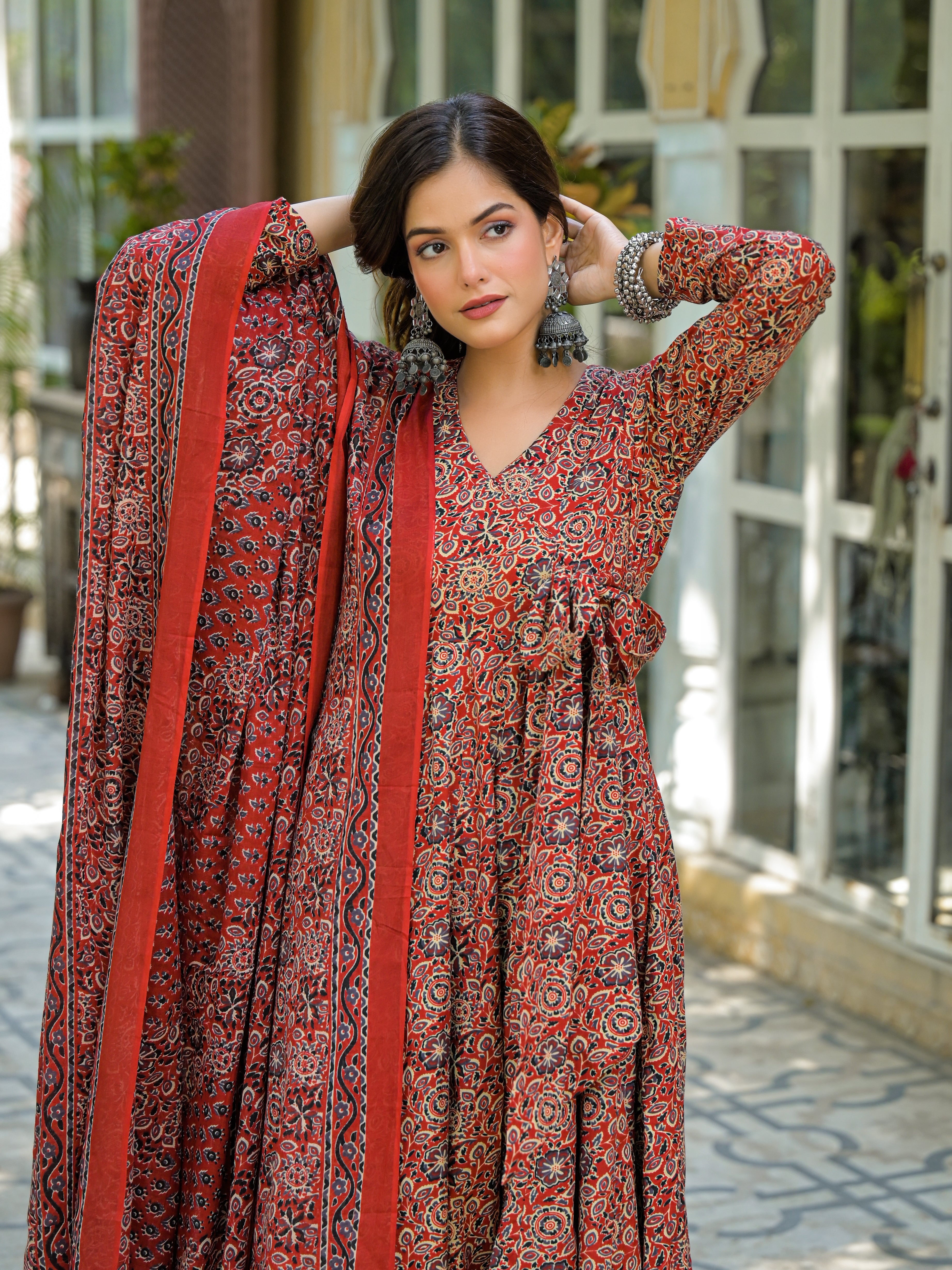 Rust Red & Black Handblock Printed Anarkali Kurta Set with Dupatta