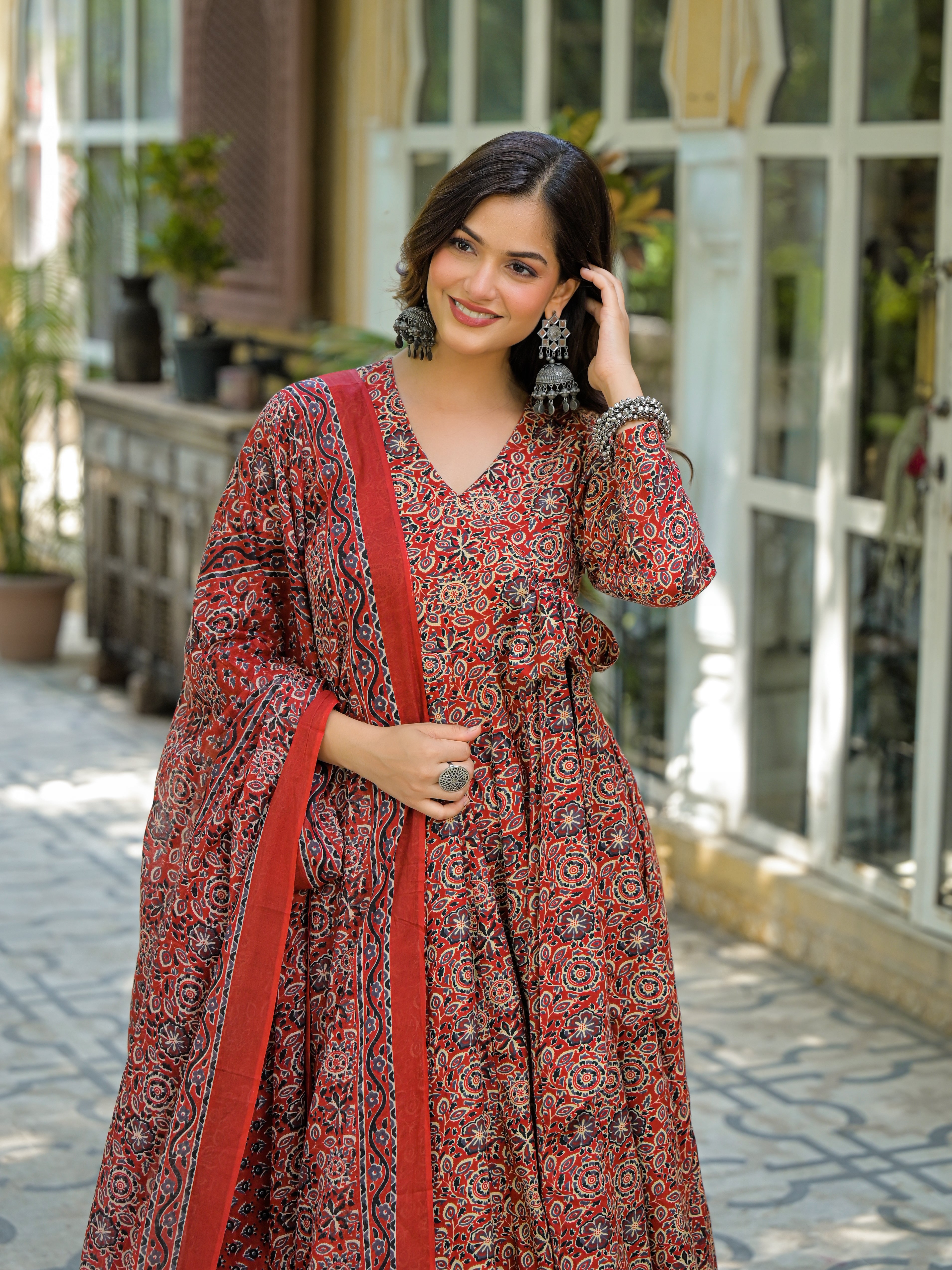 Rust Red & Black Handblock Printed Anarkali Kurta Set with Dupatta