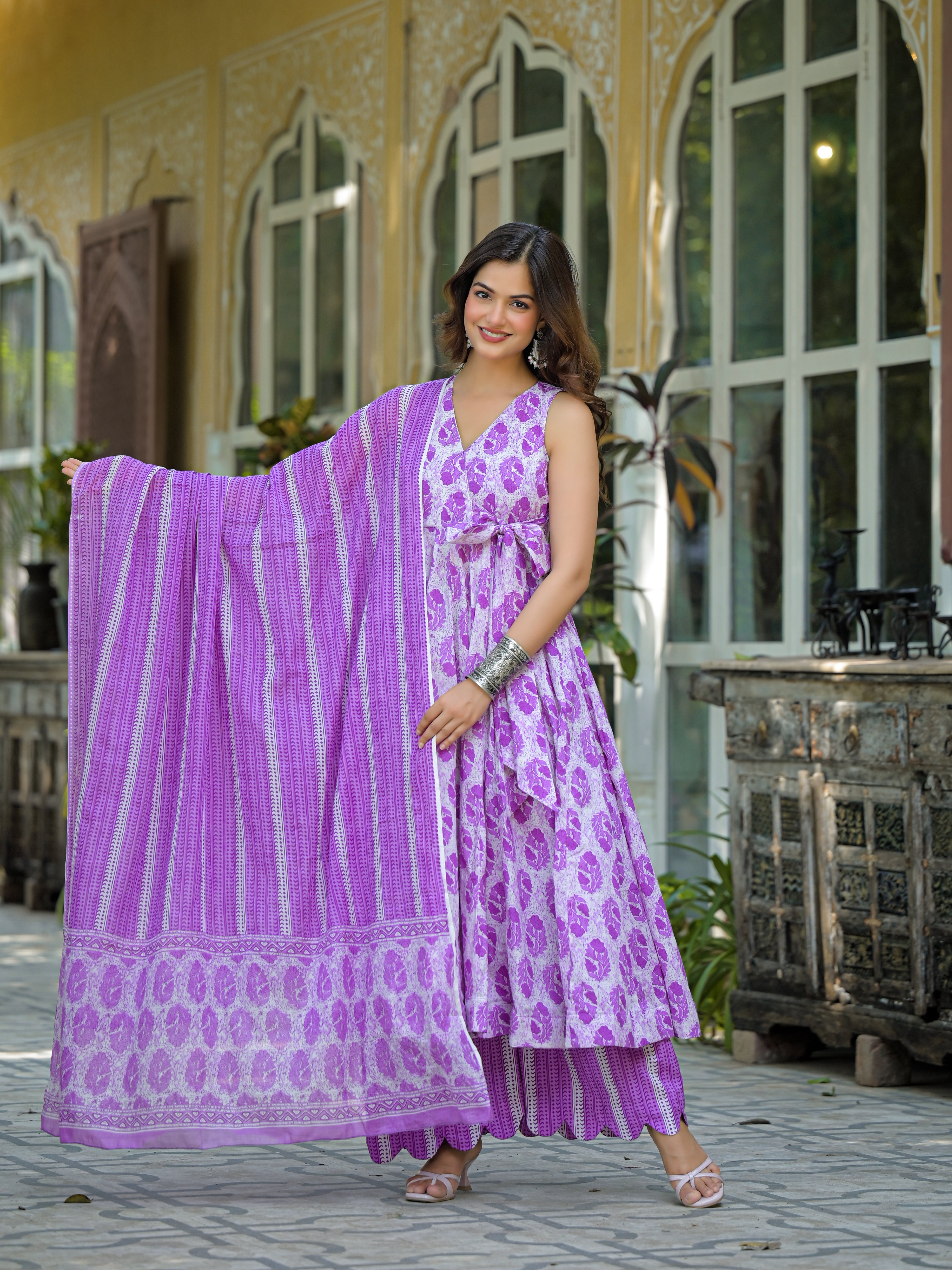 Lavender & White Floral Printed Sleeveless Anarkali Kurta Set with Dupatta