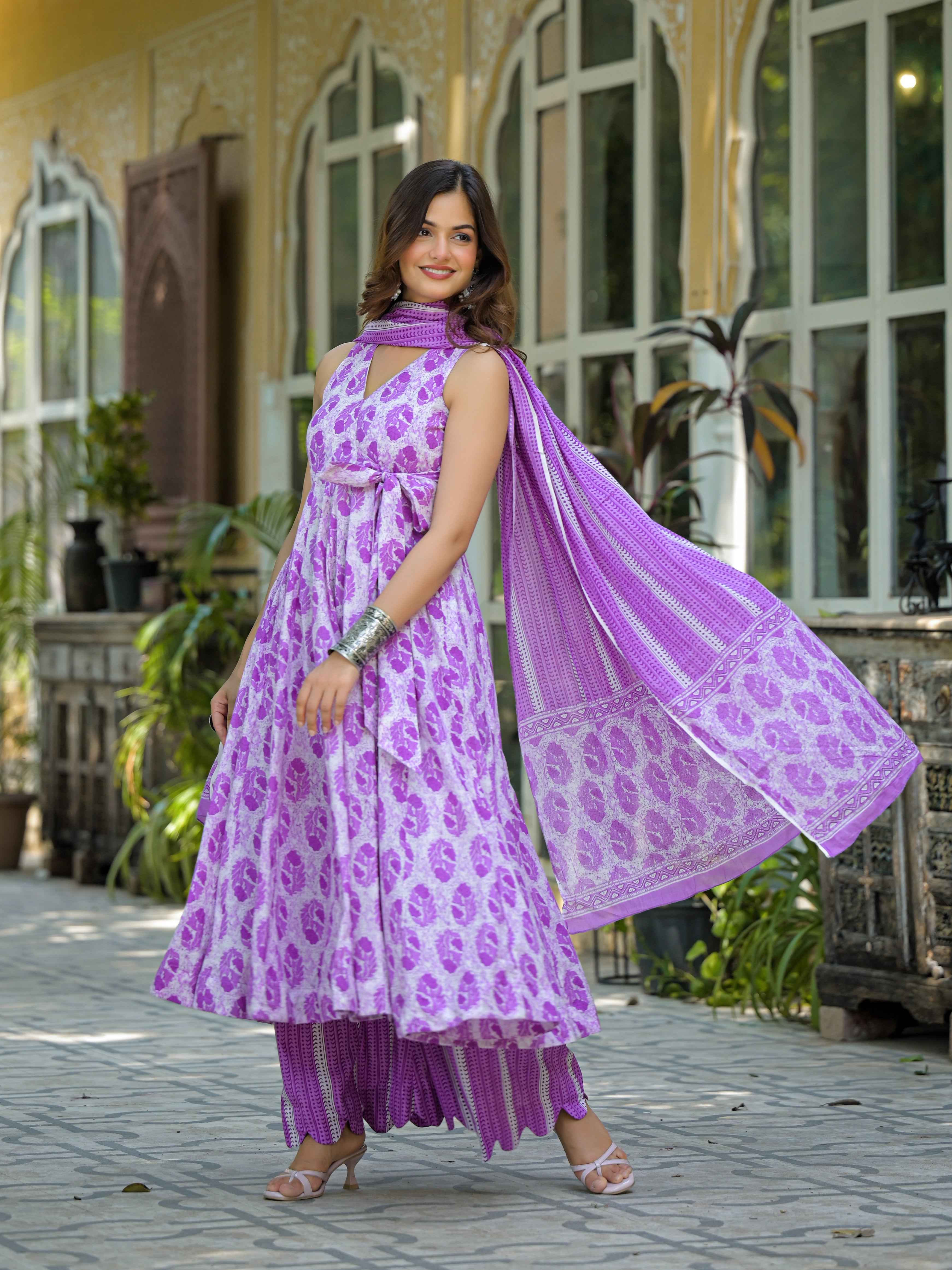 Lavender & White Floral Printed Sleeveless Anarkali Kurta Set with Dupatta