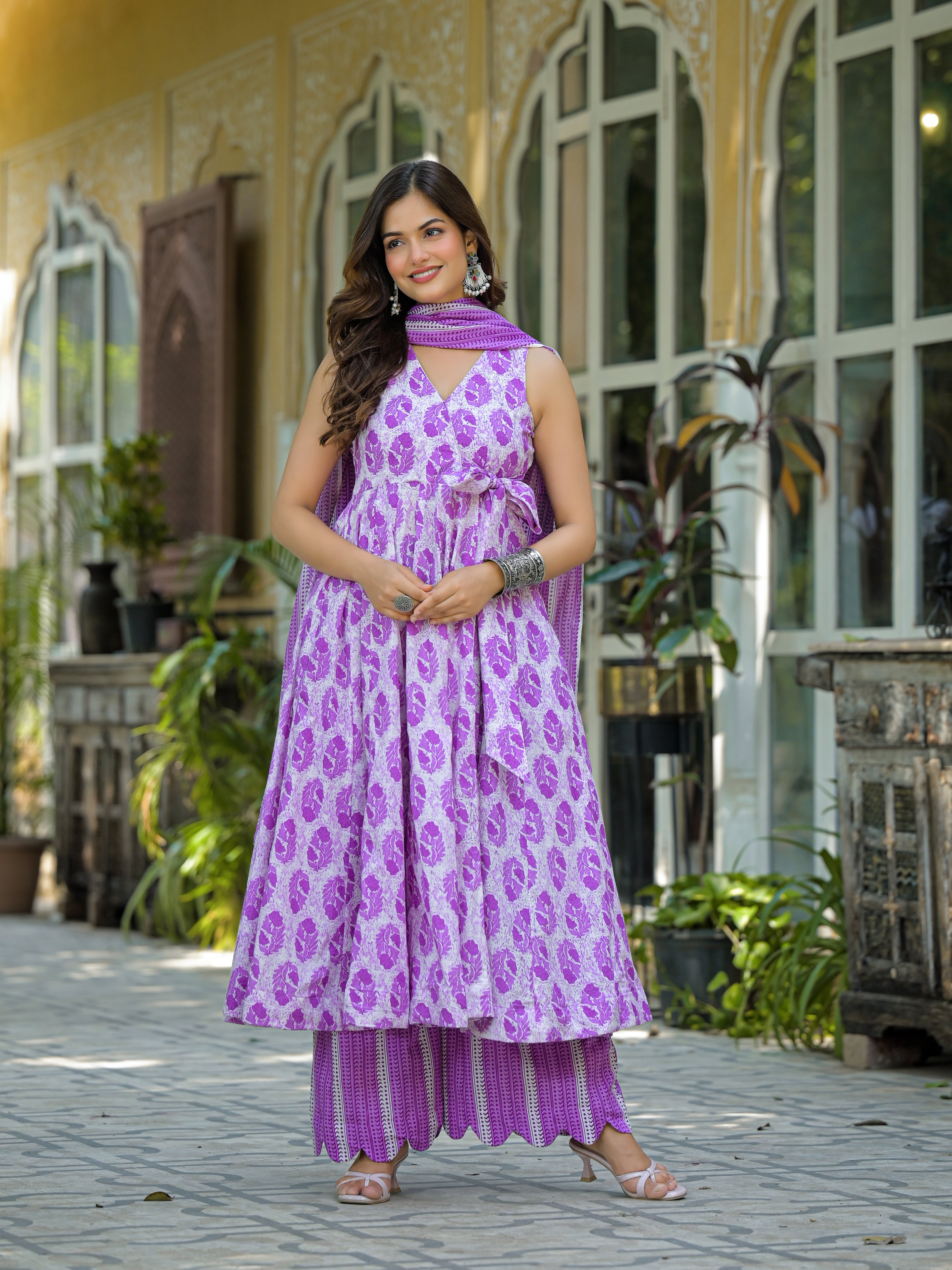 Lavender & White Floral Printed Sleeveless Anarkali Kurta Set with Dupatta