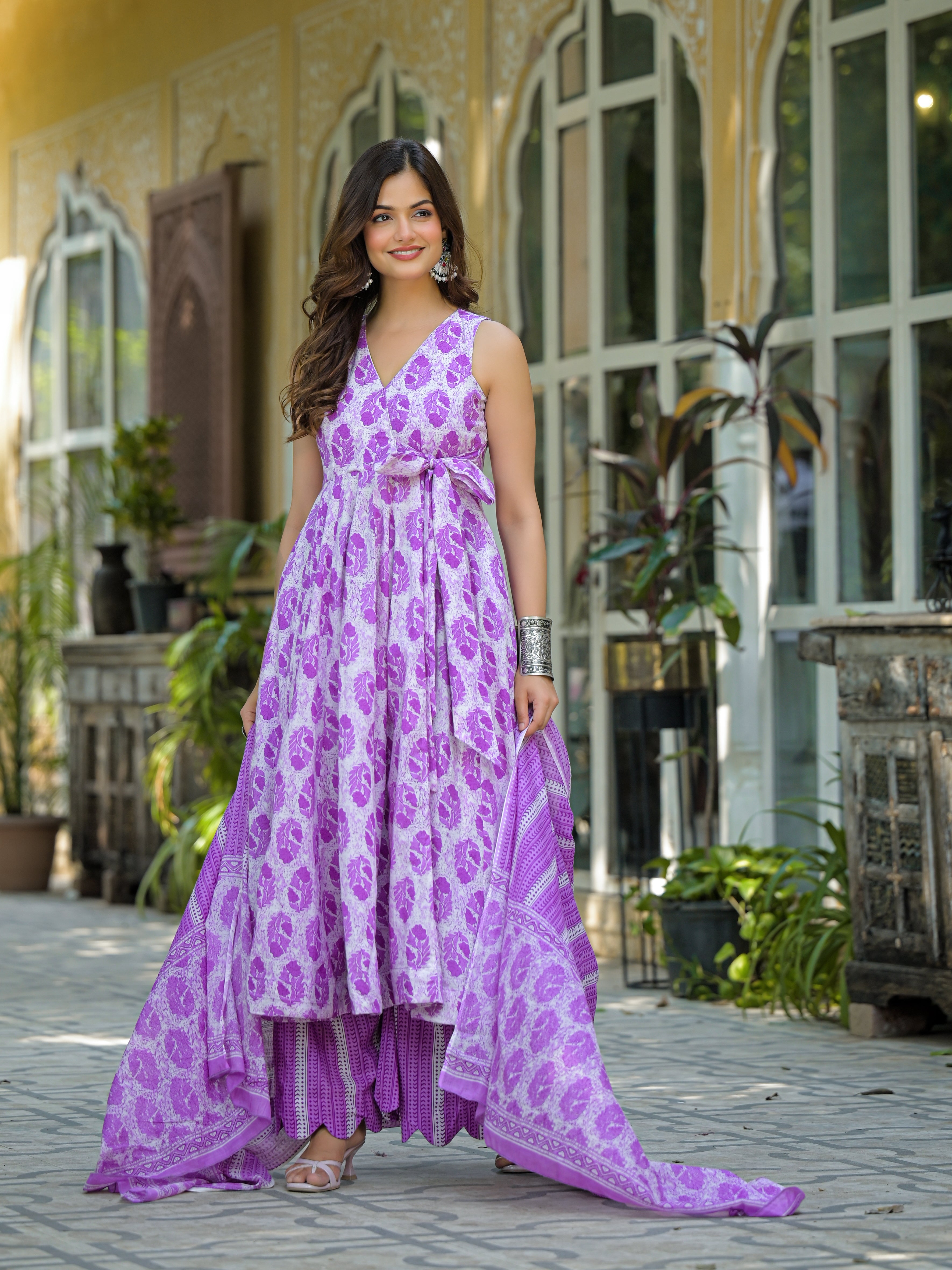 Lavender & White Floral Printed Sleeveless Anarkali Kurta Set with Dupatta