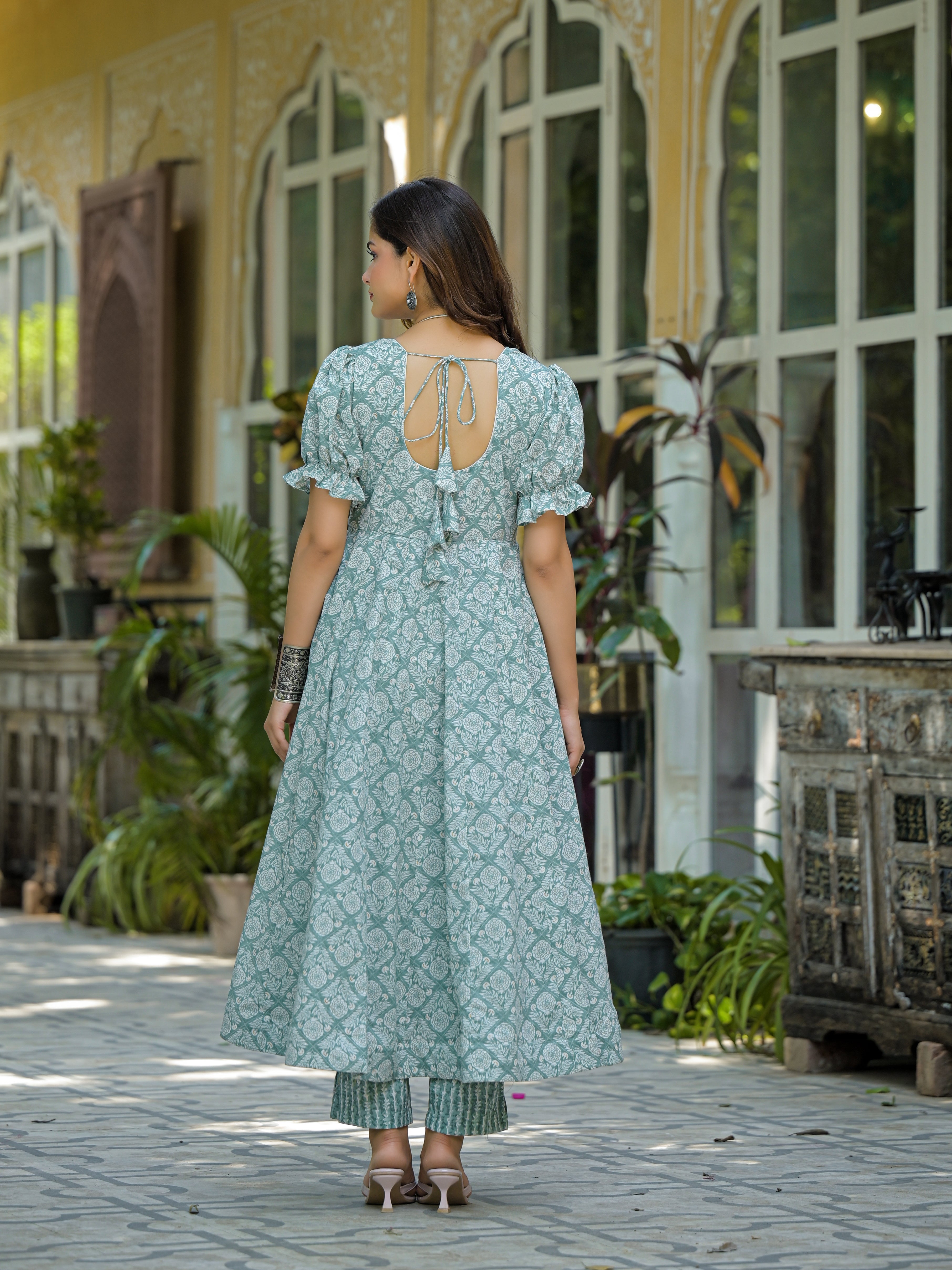 Mint Green & White Printed Anarkali Kurta Set with Dupatta