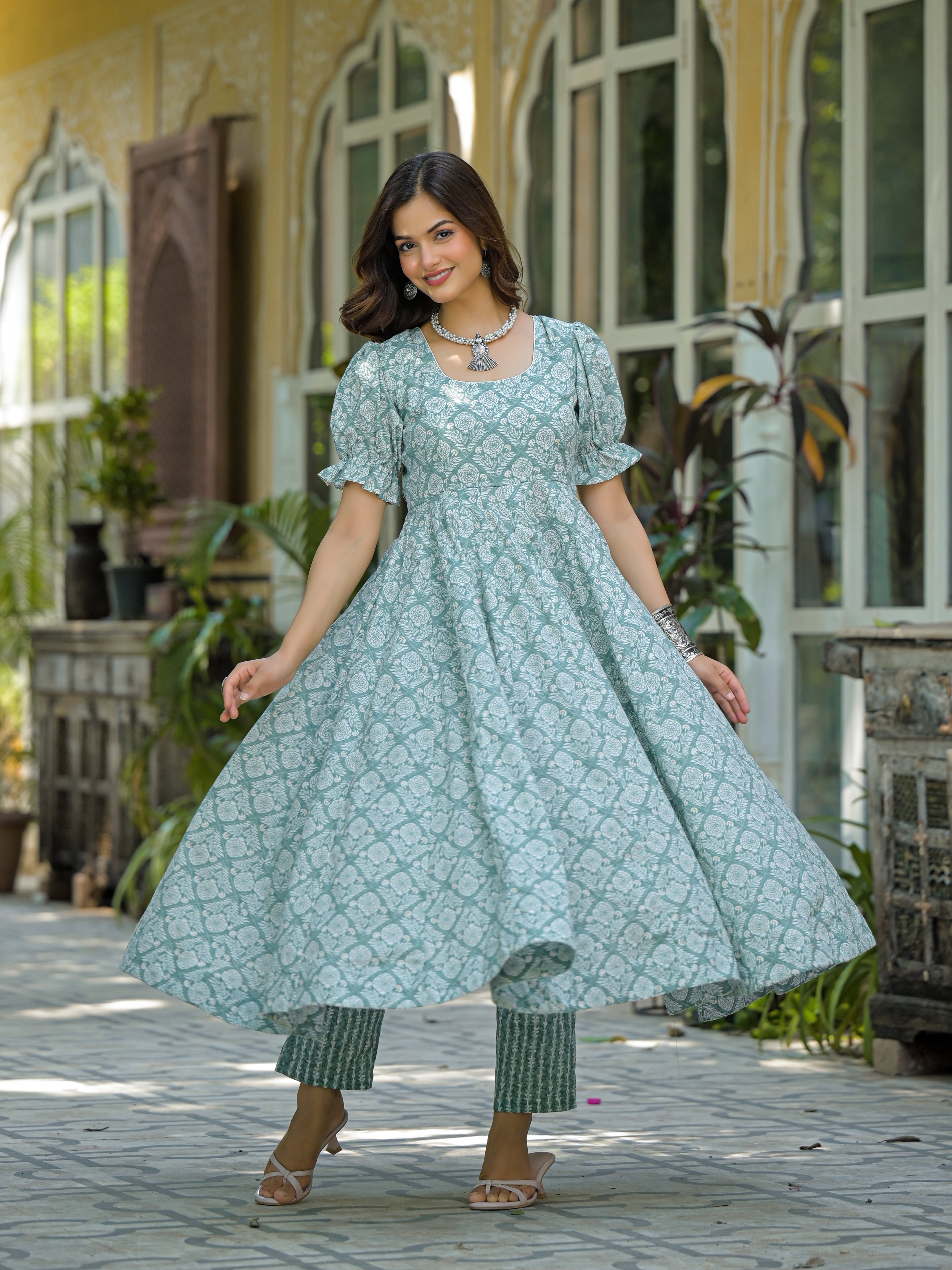 Mint Green & White Printed Anarkali Kurta Set with Dupatta
