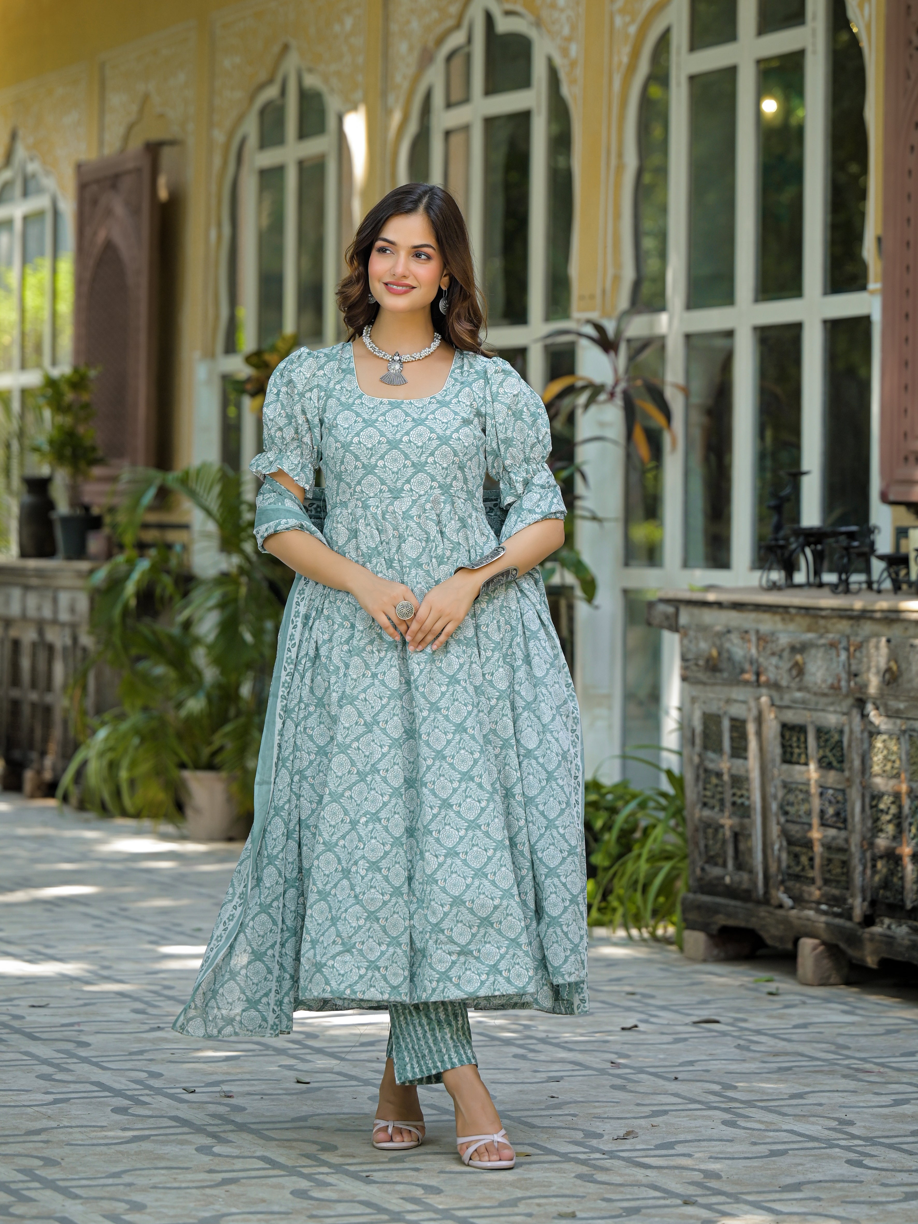 Mint Green & White Printed Anarkali Kurta Set with Dupatta